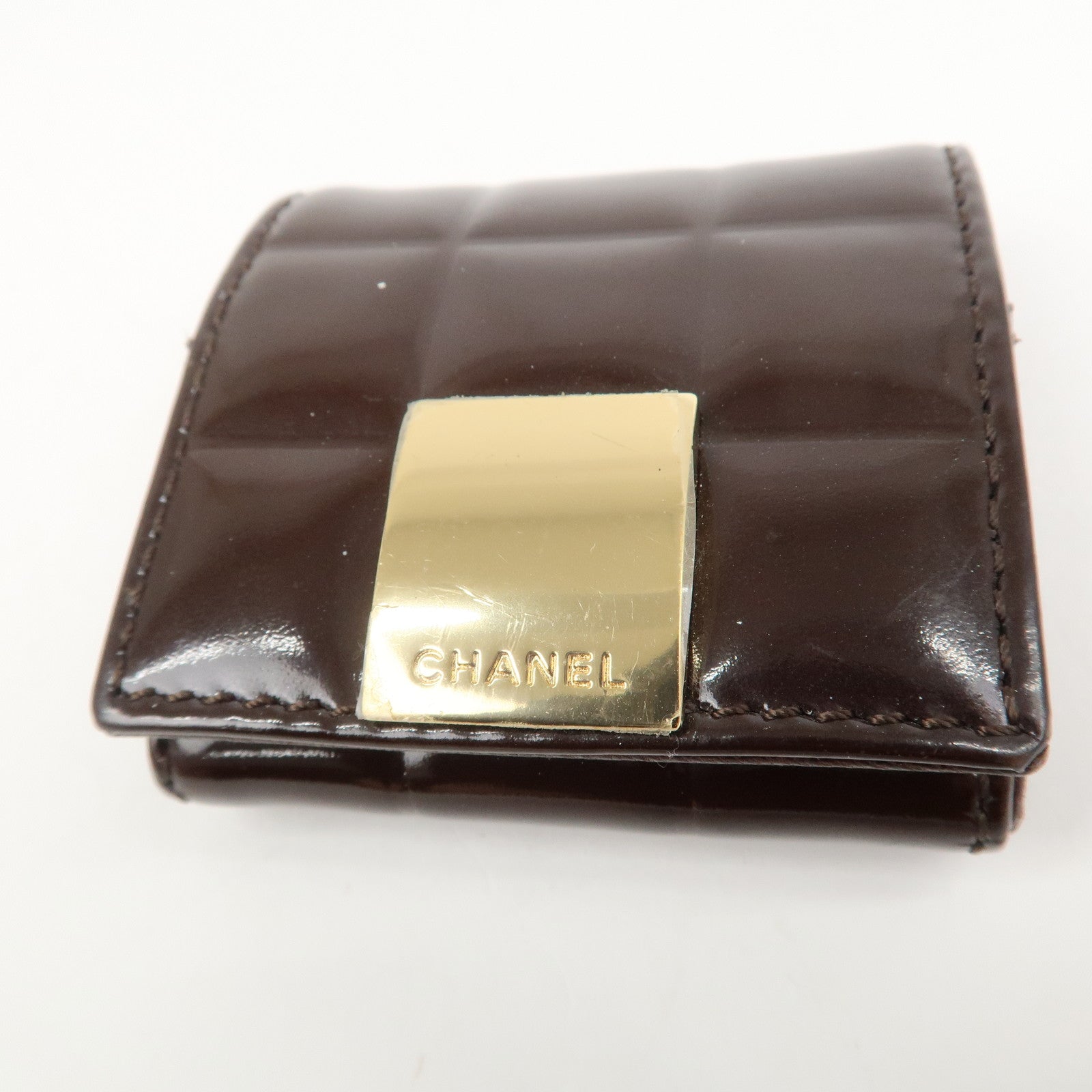 CHANEL Chocolate Bar Patent Leather Coin Case Coin Purse Brown