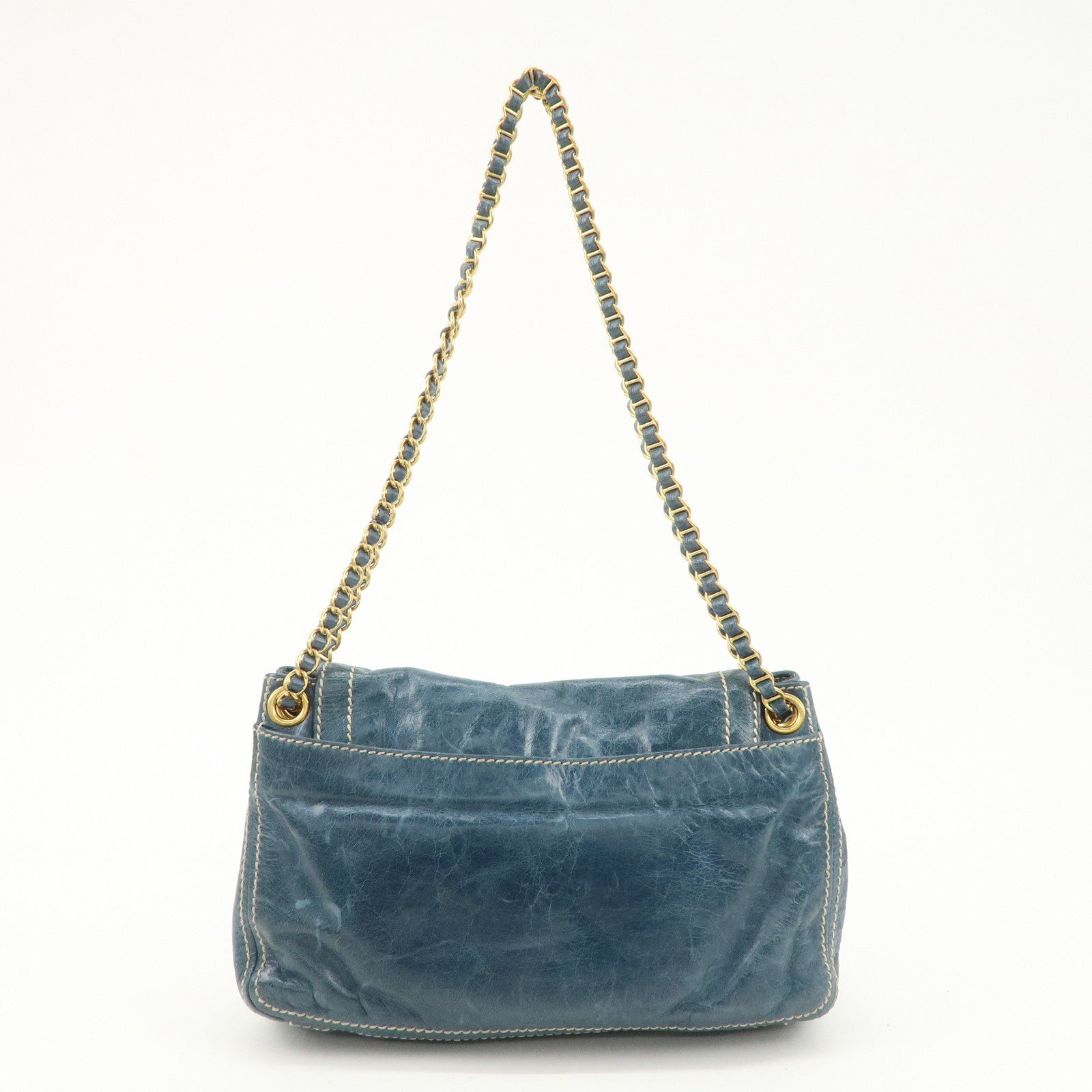 PRADA Leather Chain Shoulder Bag Blue Gold Hardware BR4659 Used