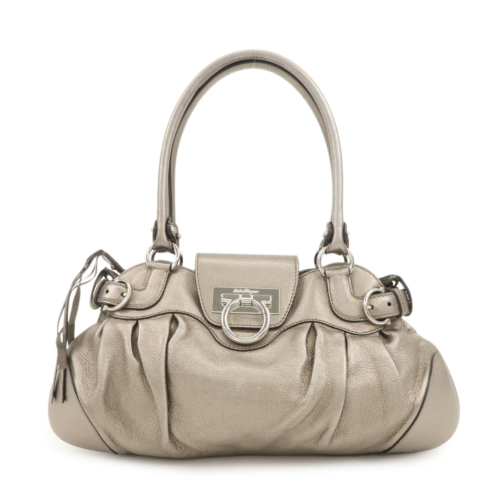 Ferragamo Gancini Leather Hand Bag Shoulder Bag Silver Gray