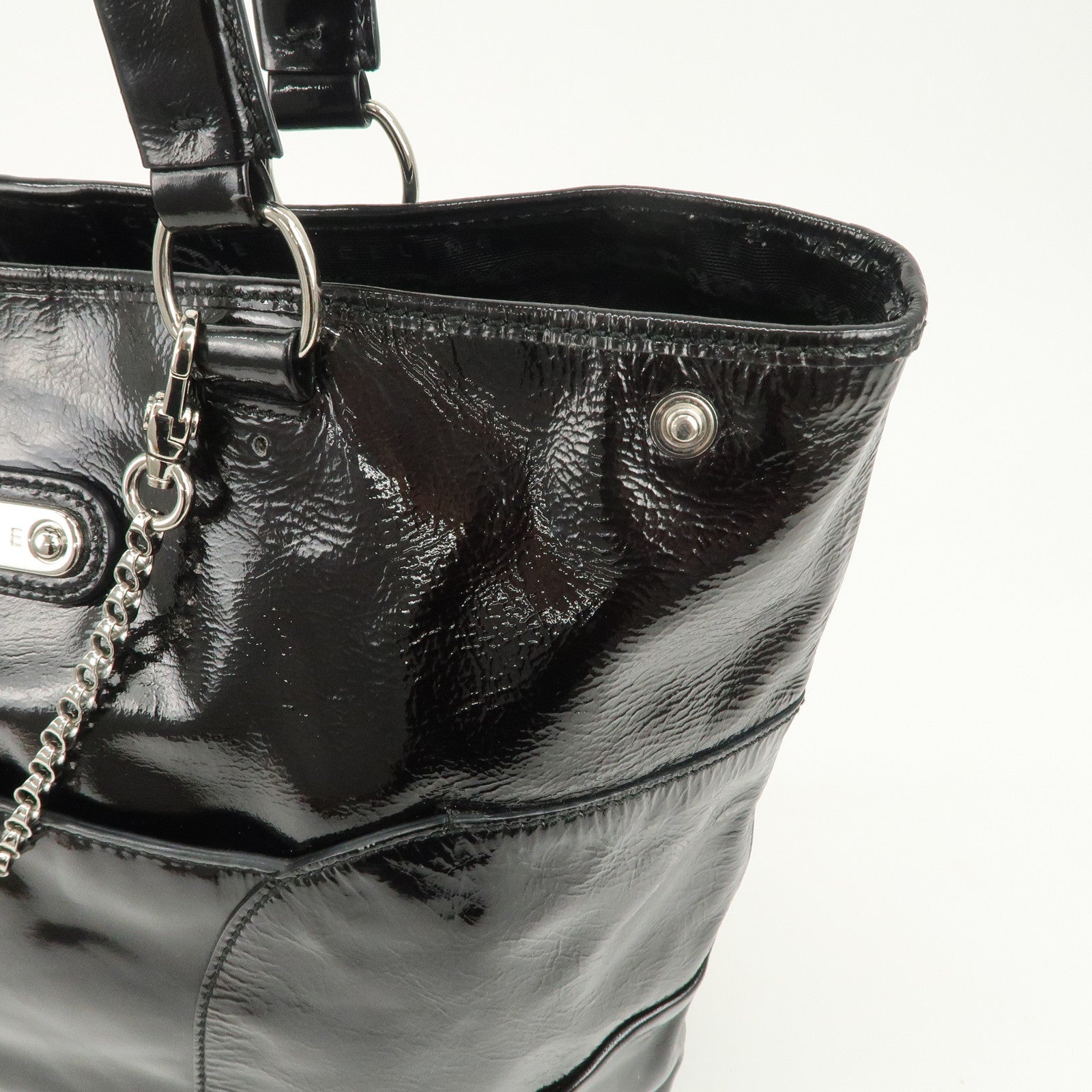 CELINE Logo Patent Leather Tote Bag Hand Bag Shoulder Bag Black