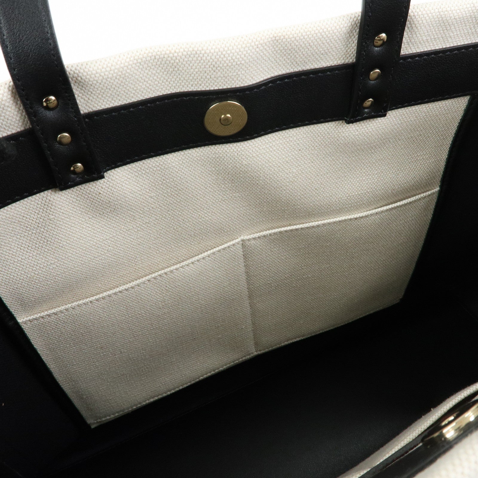 VALENTINO Rockstud Canvas Leather Tote Bag Hand Bag Natural Black