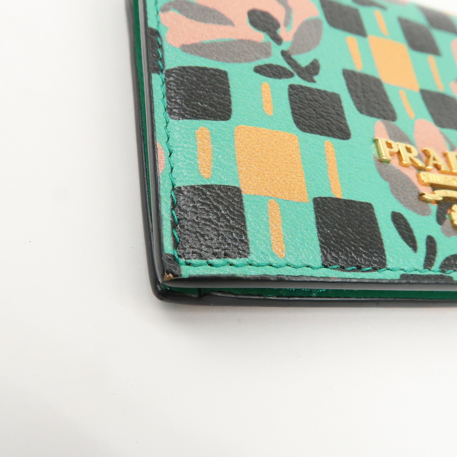 PRADA Leather Compact Wallet Floral Print Green Gold HDW 1MV204 Used