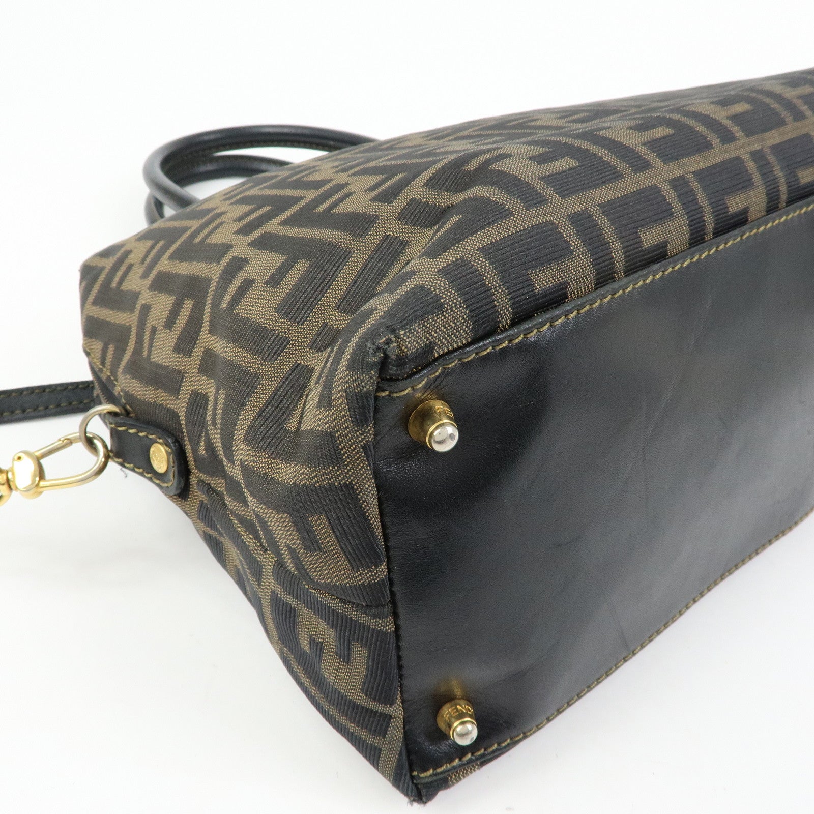 FENDI Zucca Canvas Leather 2Way Bag Hand Bag Shoulder Bag Brown