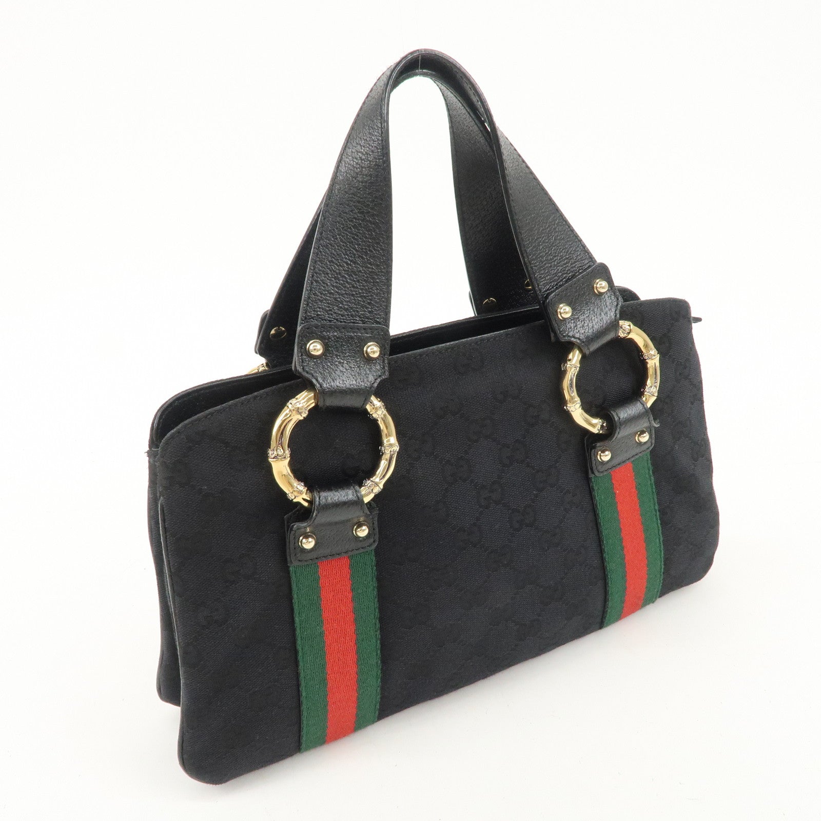 GUCCI Sherry Canvas Leather Tote Bag Hand Bag Black 131324 Used