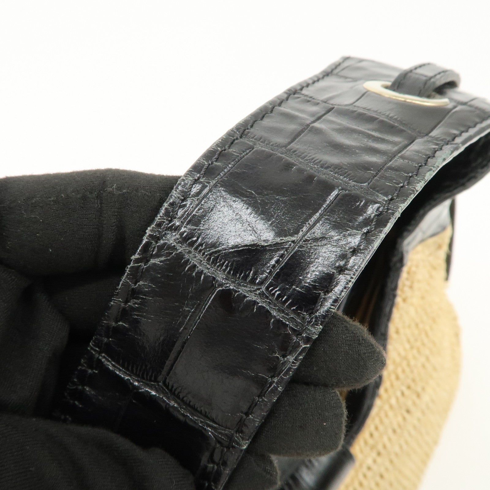 JIMMY CHOO Raffia Embossed Leather One Shoulder Bag Natural Black