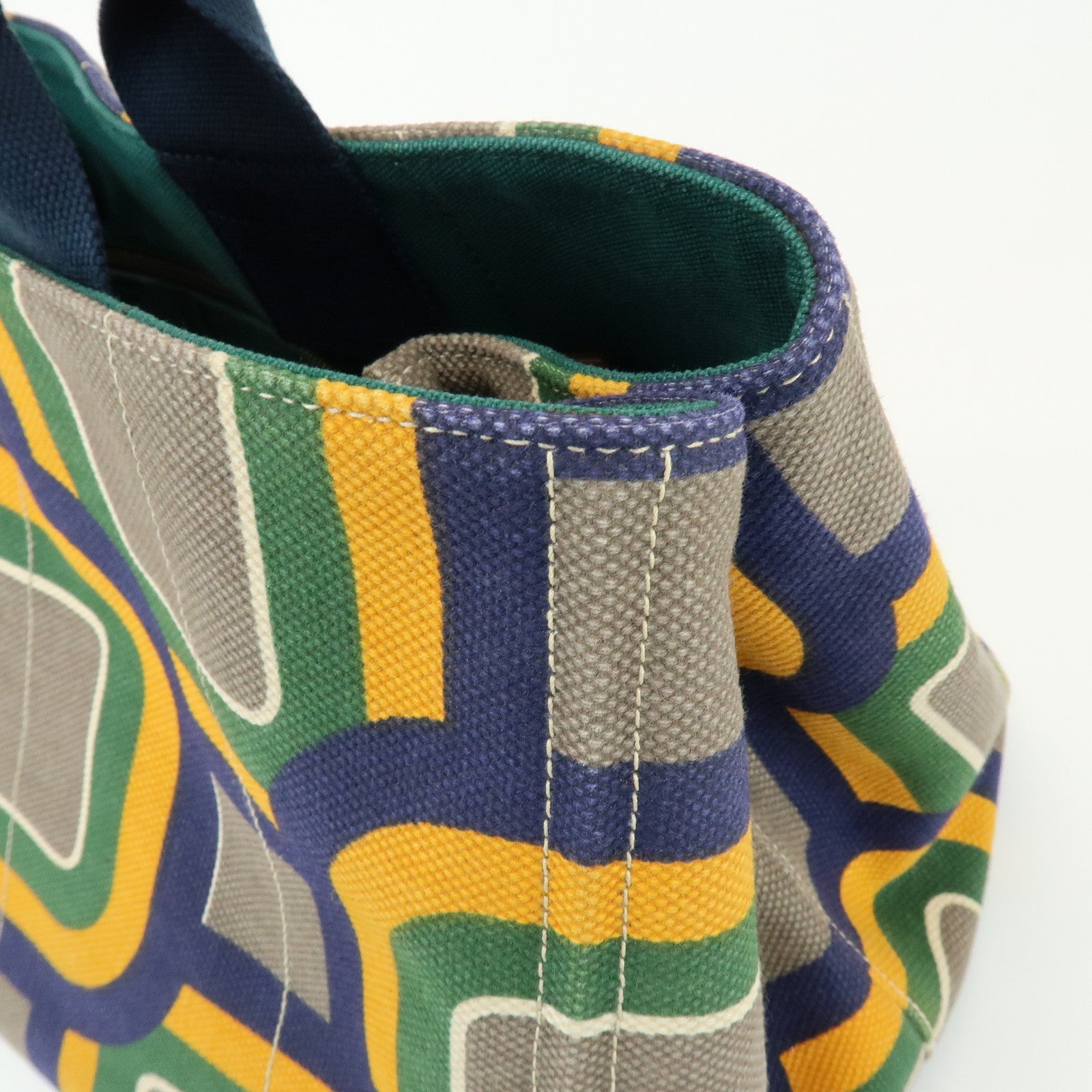 PRADA Canapa Large Tote Bag Hand Bag Green Yellow Navy BN1872