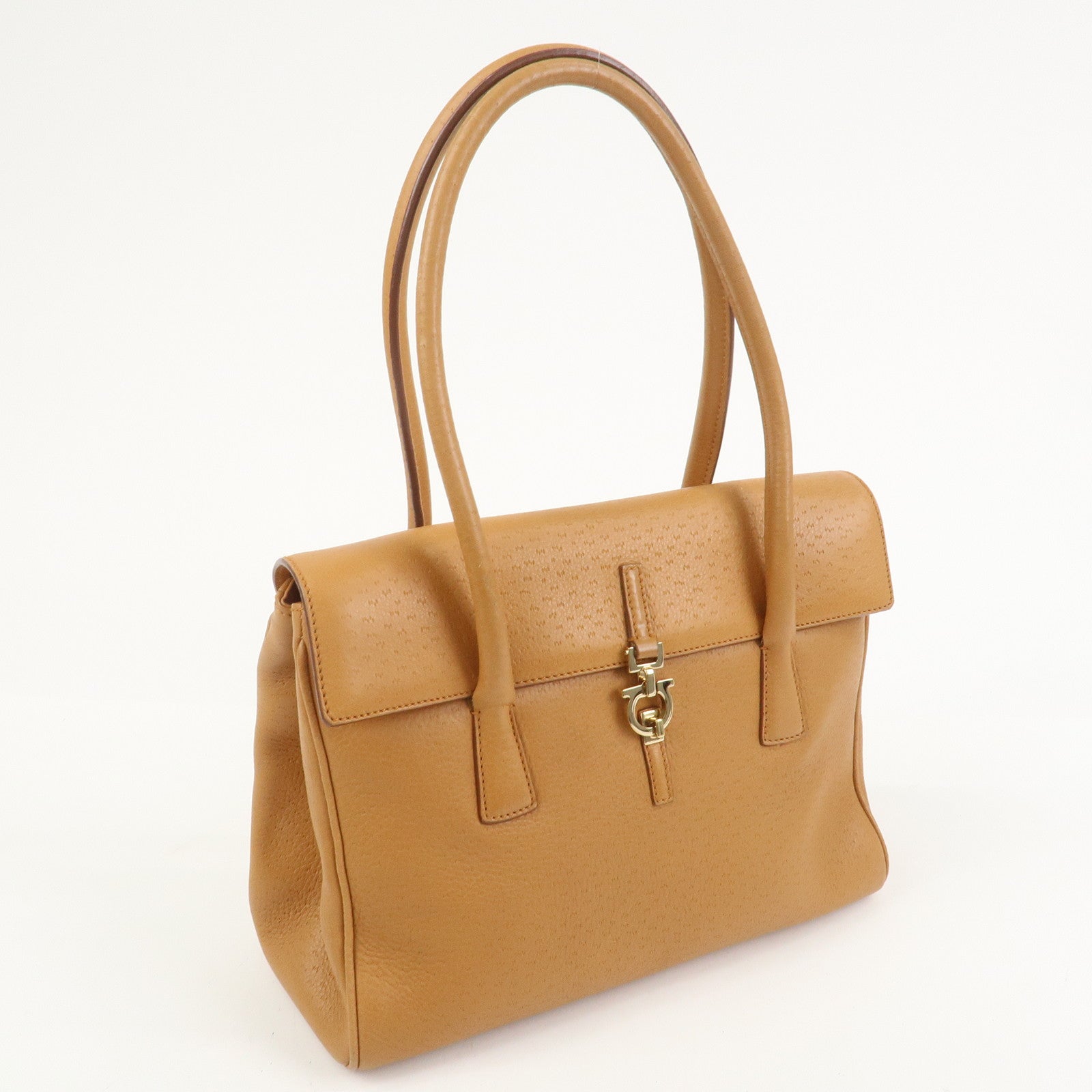 Ferragamo Gancini Leather Shoulder Bag Hand Bag Light Brown