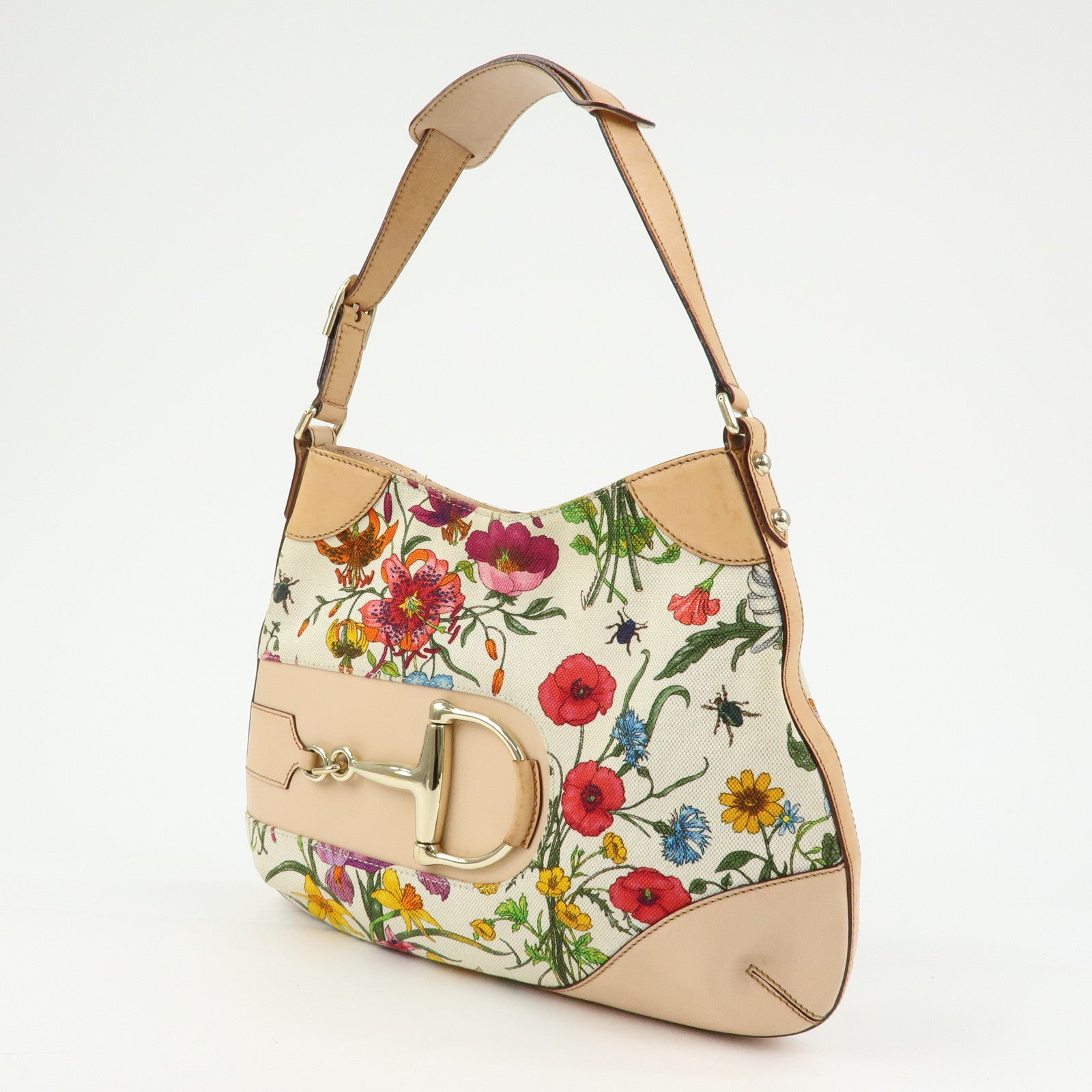 GUCCI Horsebit Flora Leather Canvas Shoulder Bag Beige White 137388