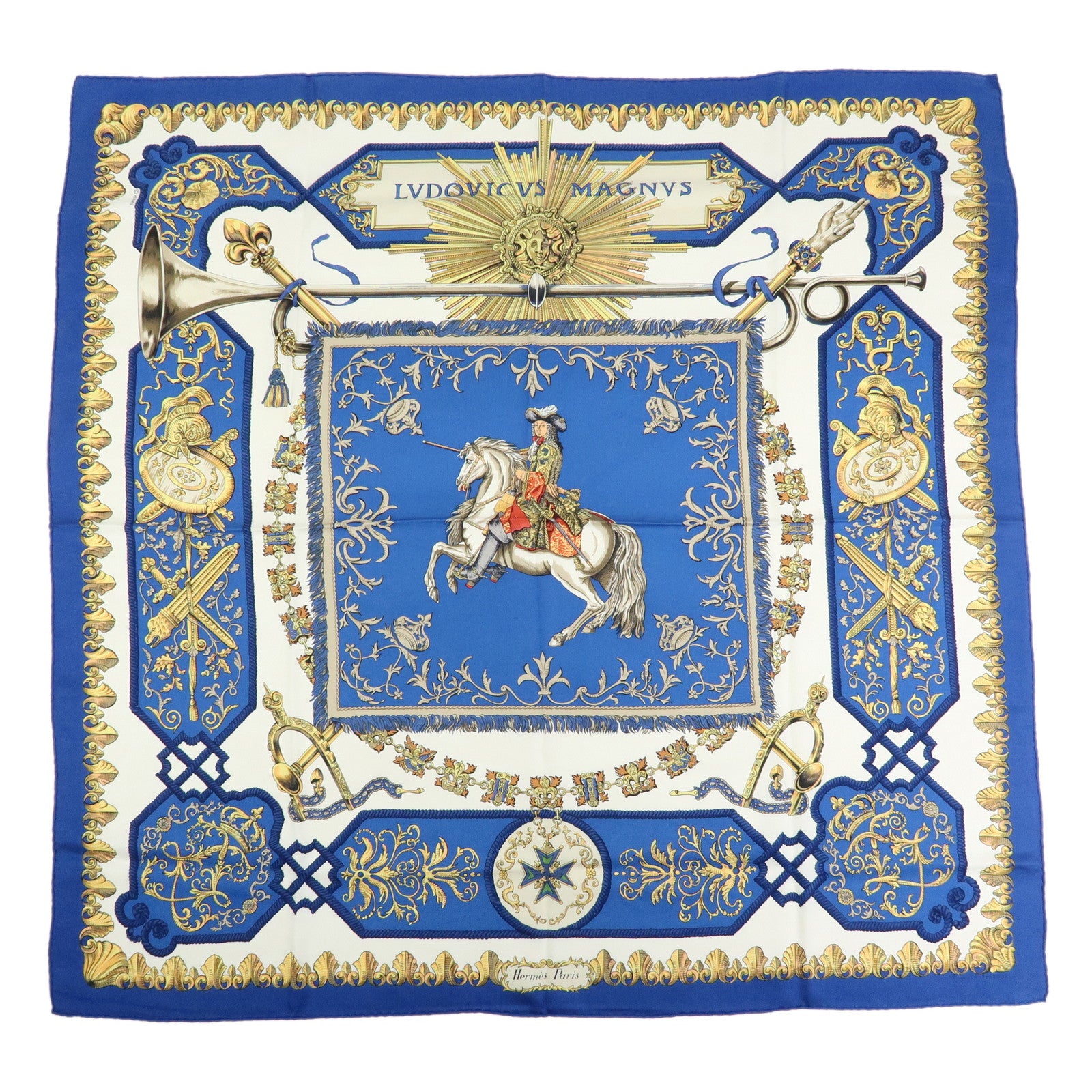 HERMES Carre 90 Silk 100% LVDOVICVS MAGNVS Scarf Blue Gold