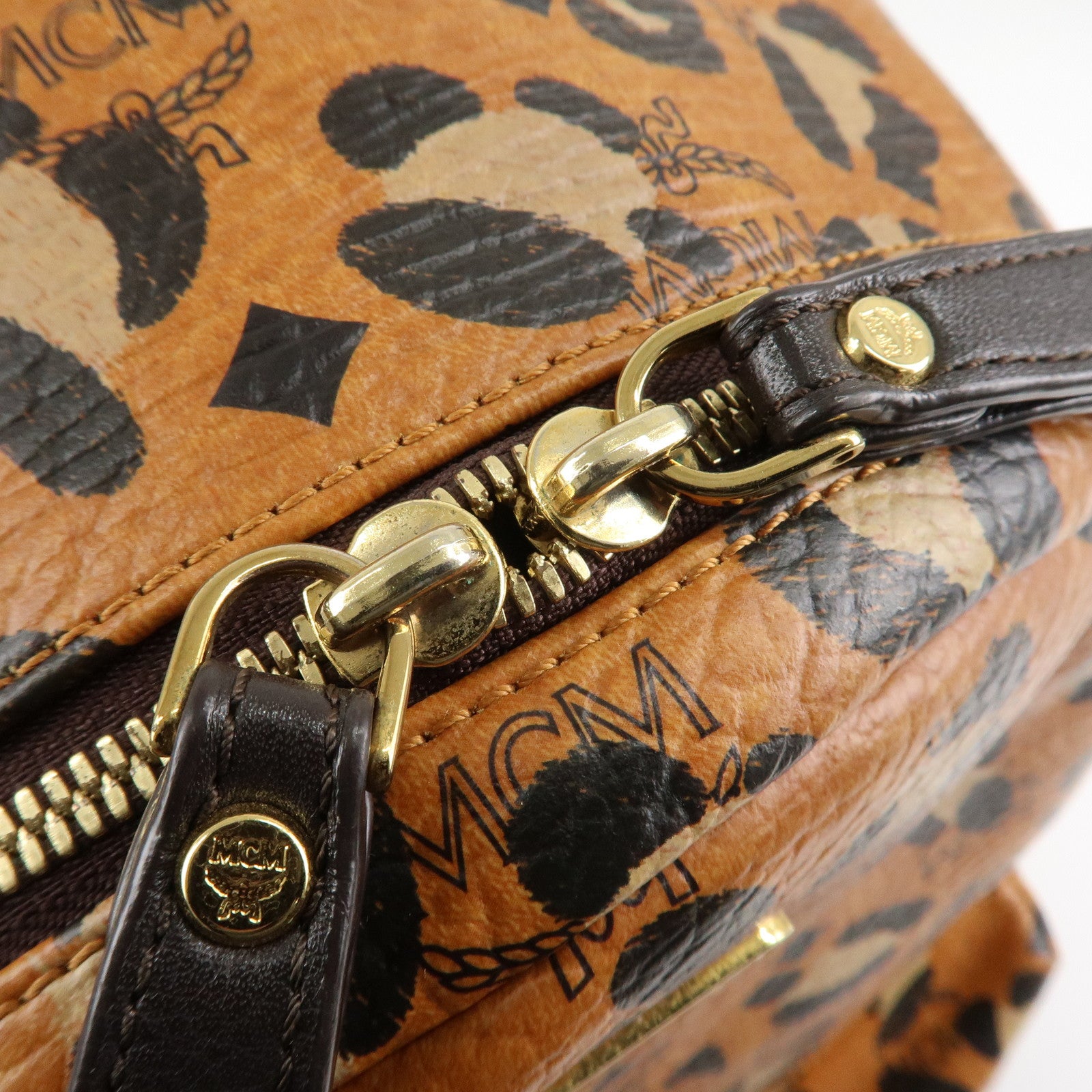 MCM Visetos Leather Leopard Back Pack Black Beige Brown Gold HDW Used