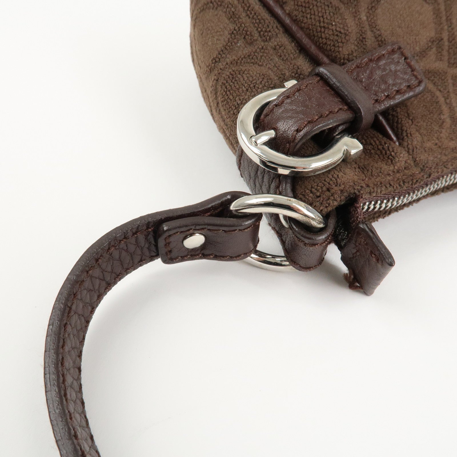 Ferragamo Gancini Leather Cotton Accessory Pouch Hand Bag Brown
