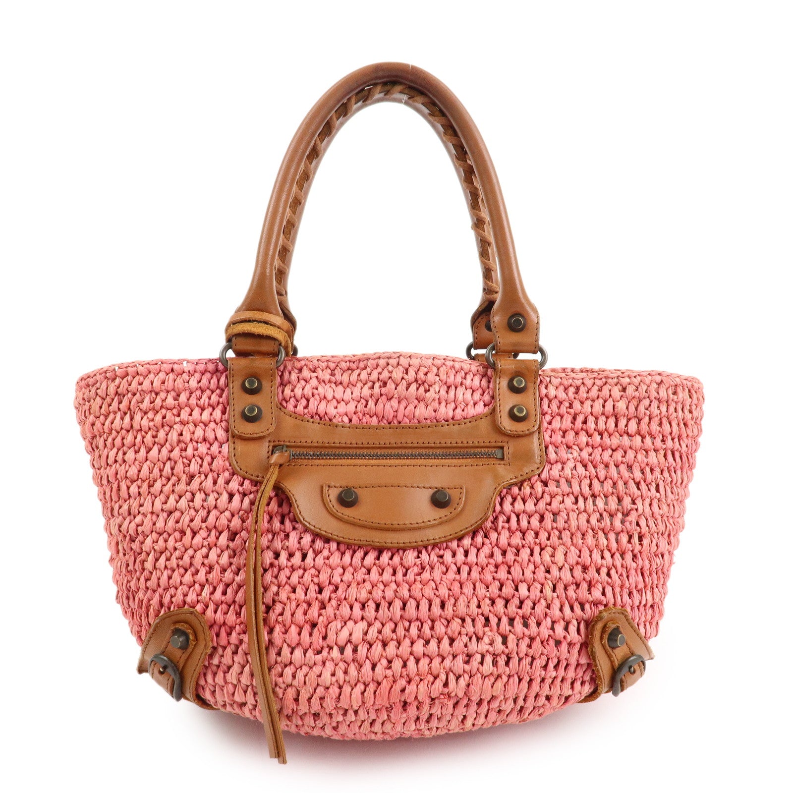 BALENCIAGA Straw Tote Bag Shoulder Bag Brown Pink 236741 Used