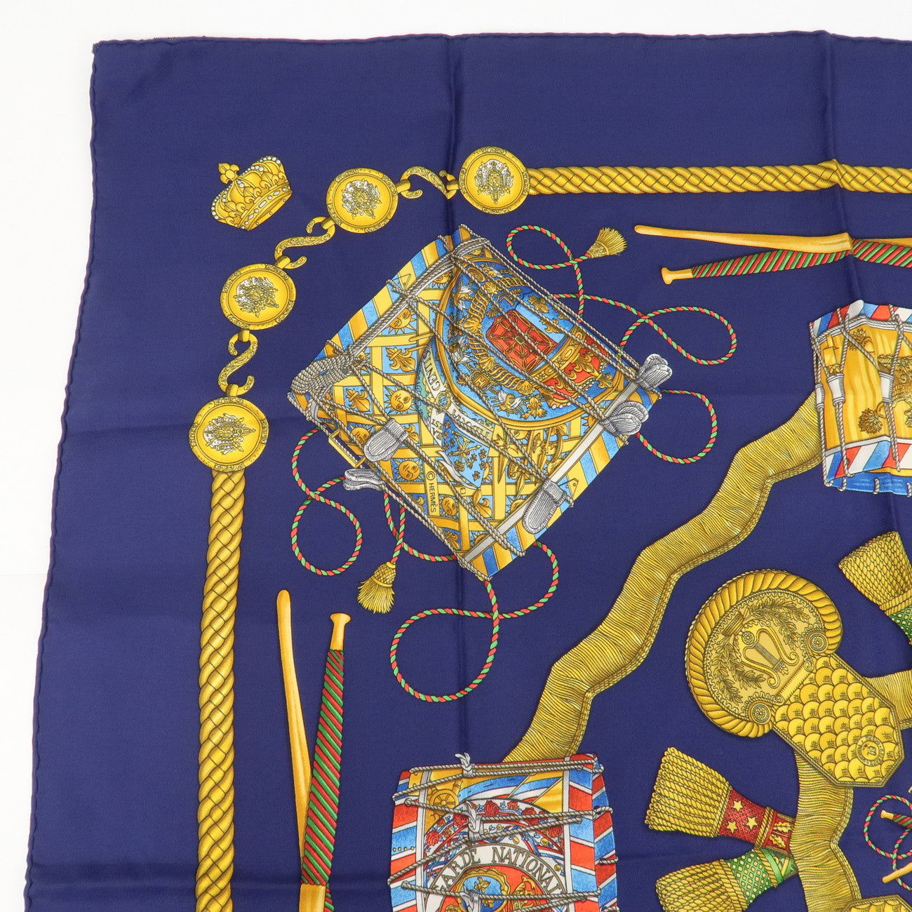HERMES Carre 90 Silk 100% Scarf LES TAMBOURS Navy Multicolor Used