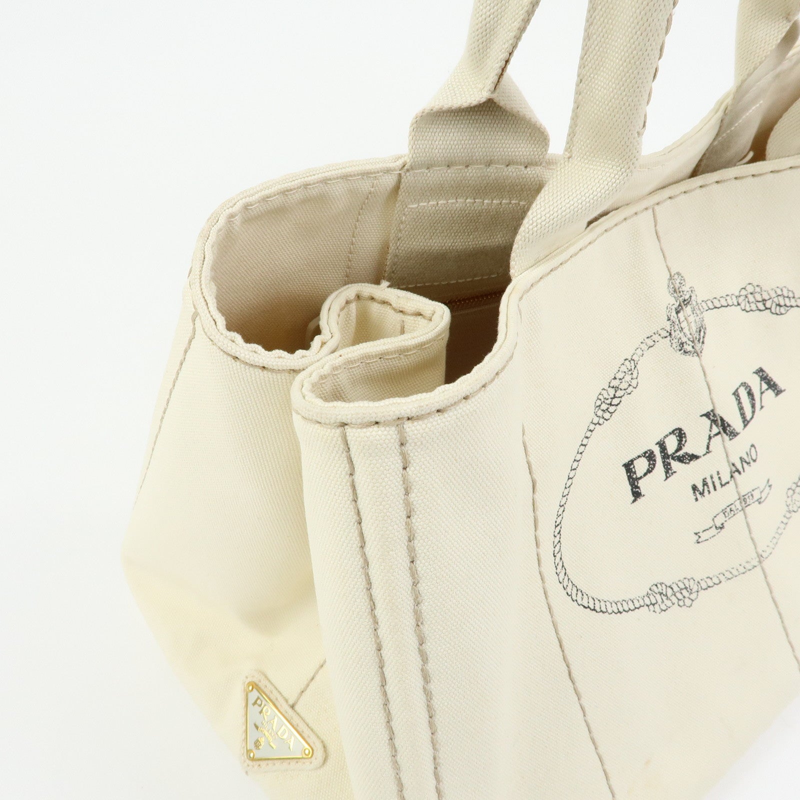 PRADA Canapa Large Triangle Logo Tote Hand Bag Ivory BN1872