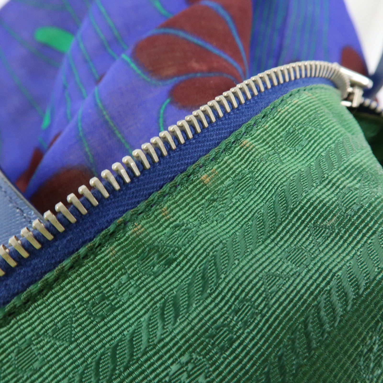 PRADA Triangle Logo Linen Leather 2Way Bag Flower Motif Blue BR4696