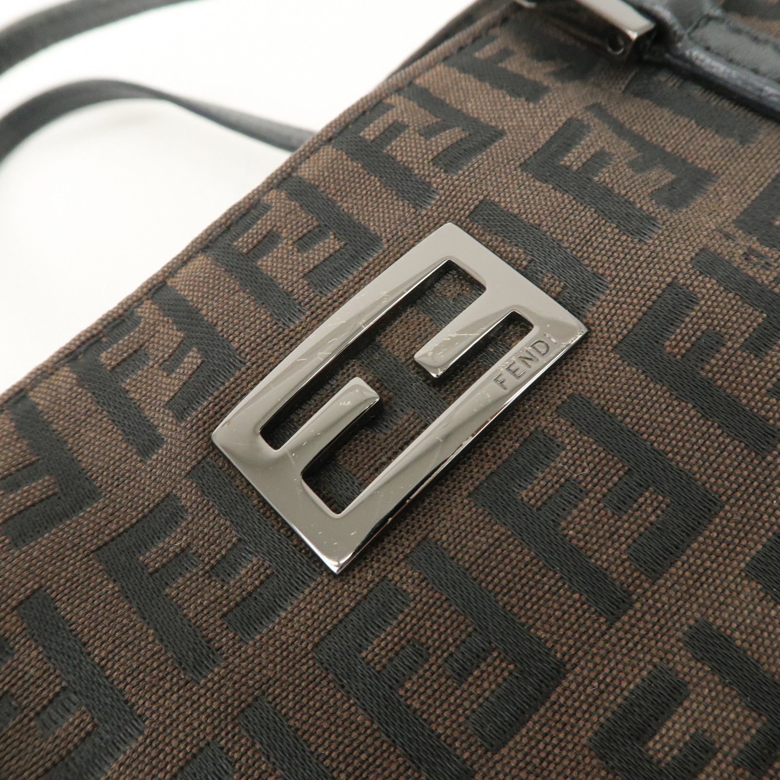 FENDI Zucchino Canvas Leather Tote Bag Hand Bag Dark Brown 8BH132