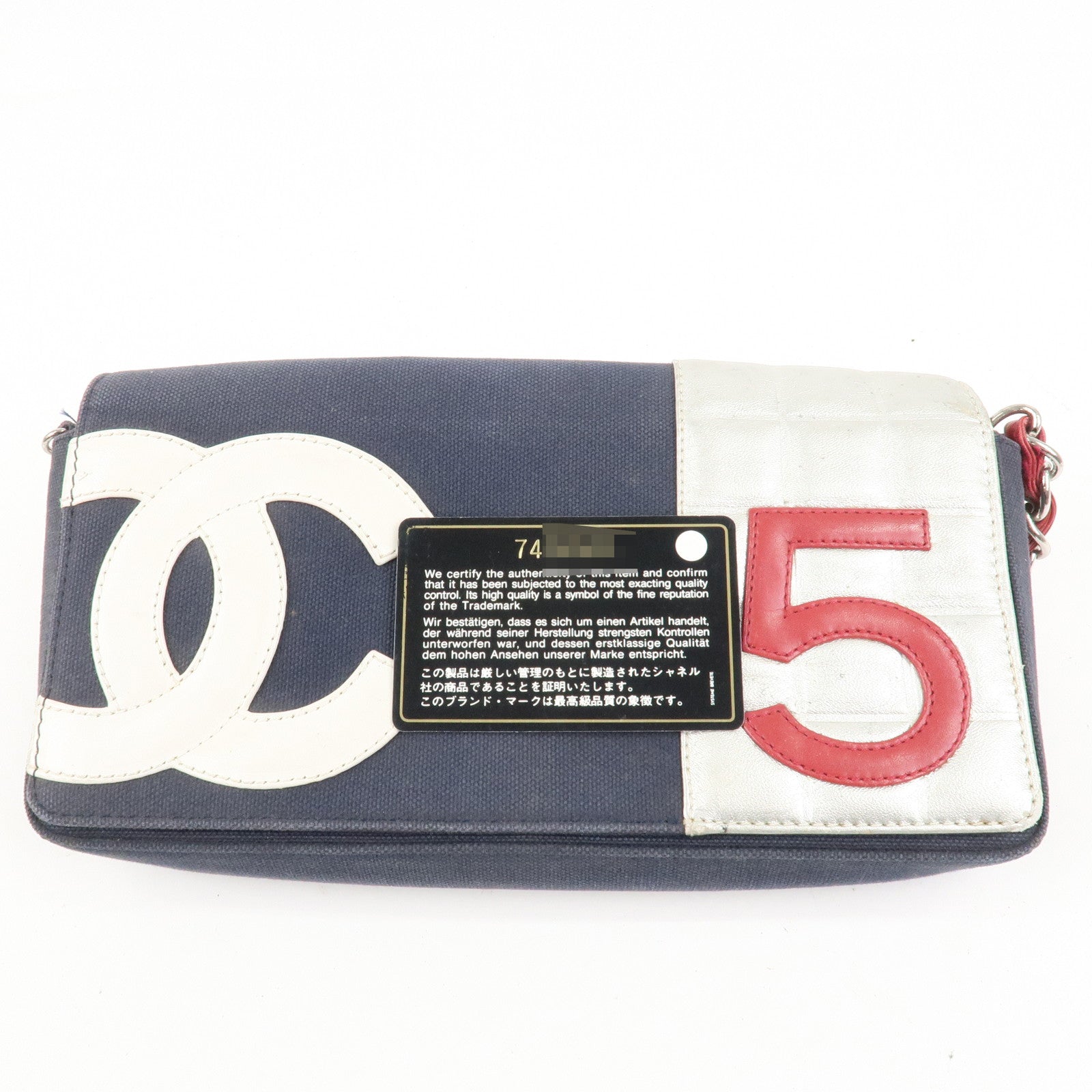 CHANEL No.5 Canvas Leather Chain Shoulder Bag Hand Bag Navy Silver