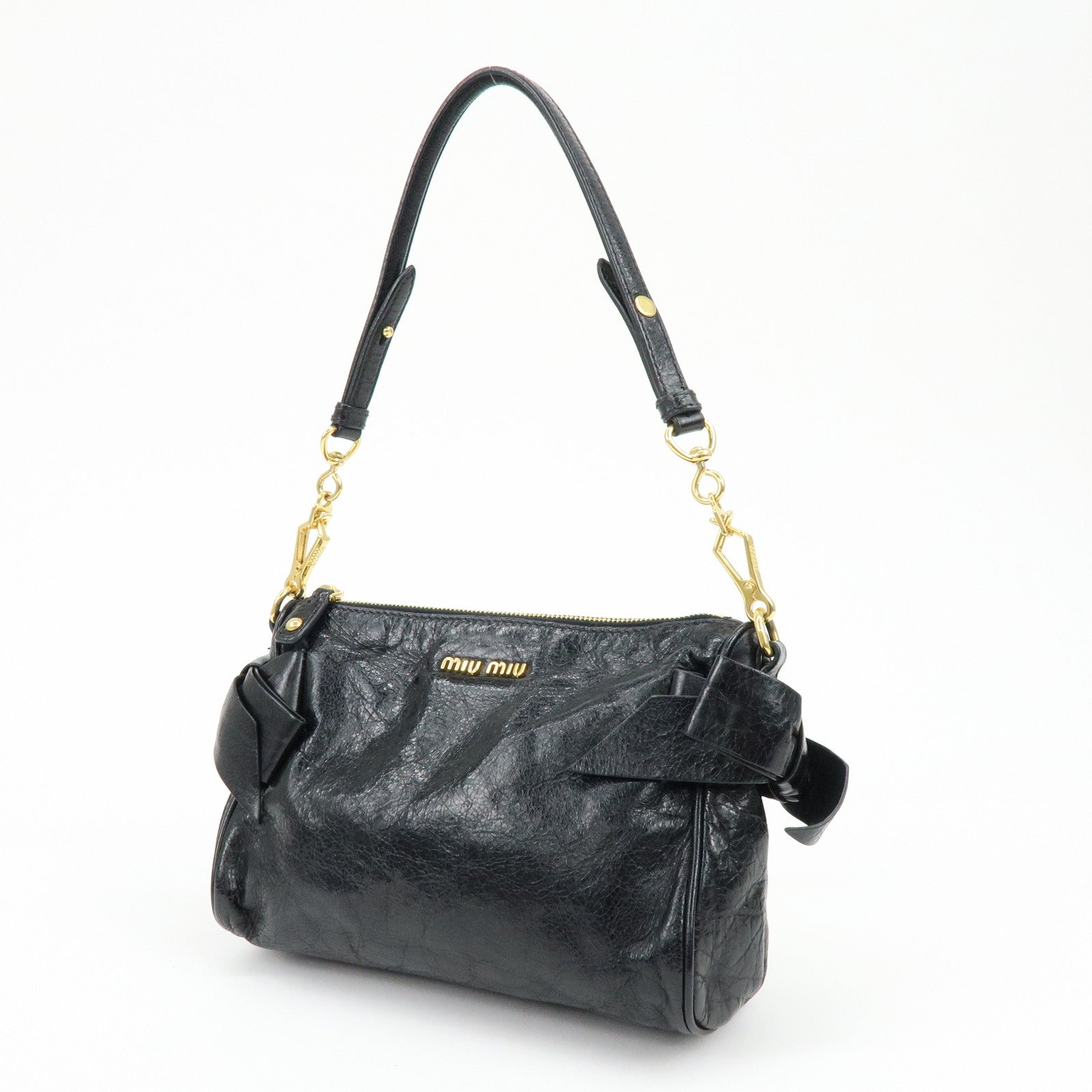 MIU MIU Leather Side Ribbon Mini Shoulder Bag Hand Bag Black 5N1557