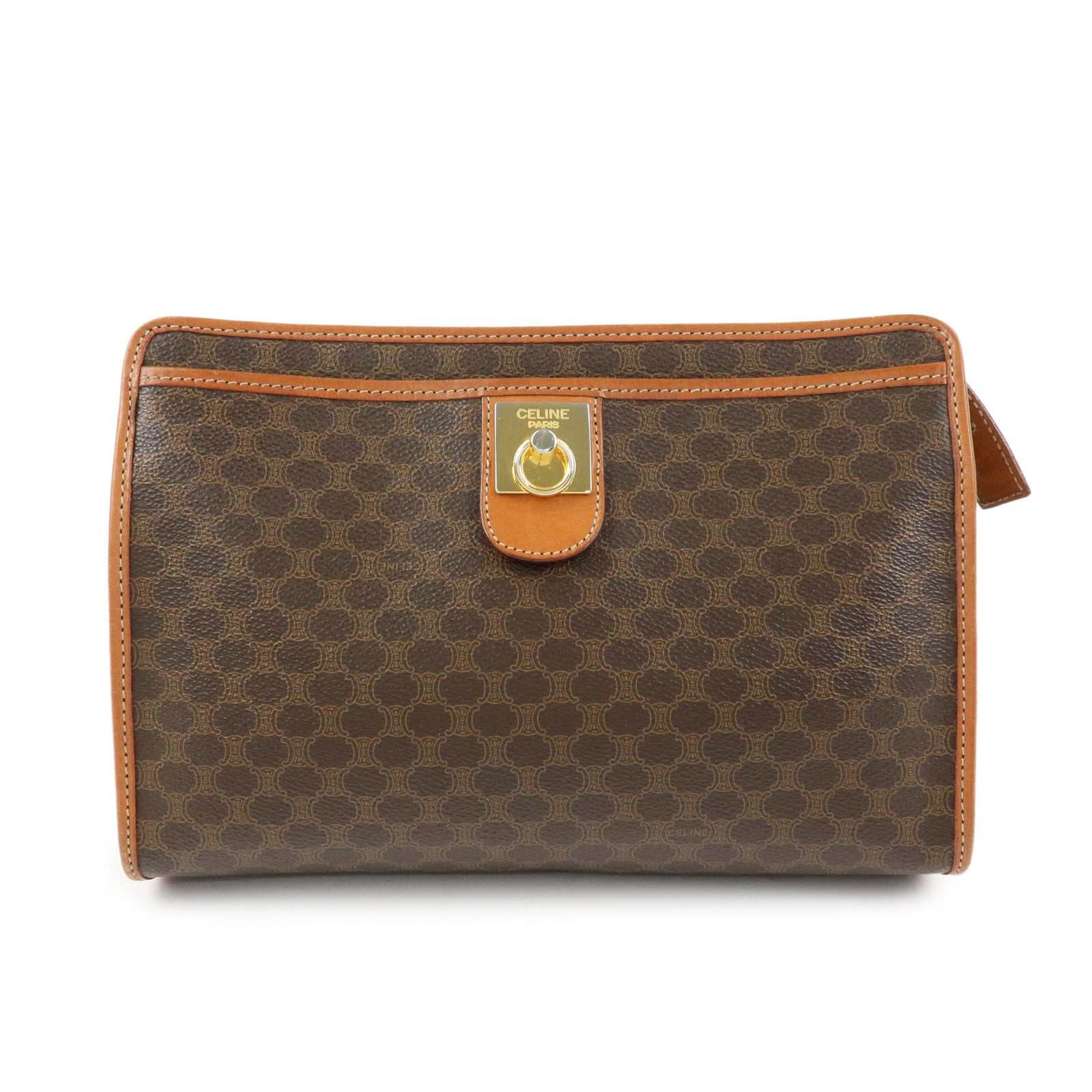 CELINE Macadam PVC Coated Canvas Leather Clutch Bag Pouch Brown