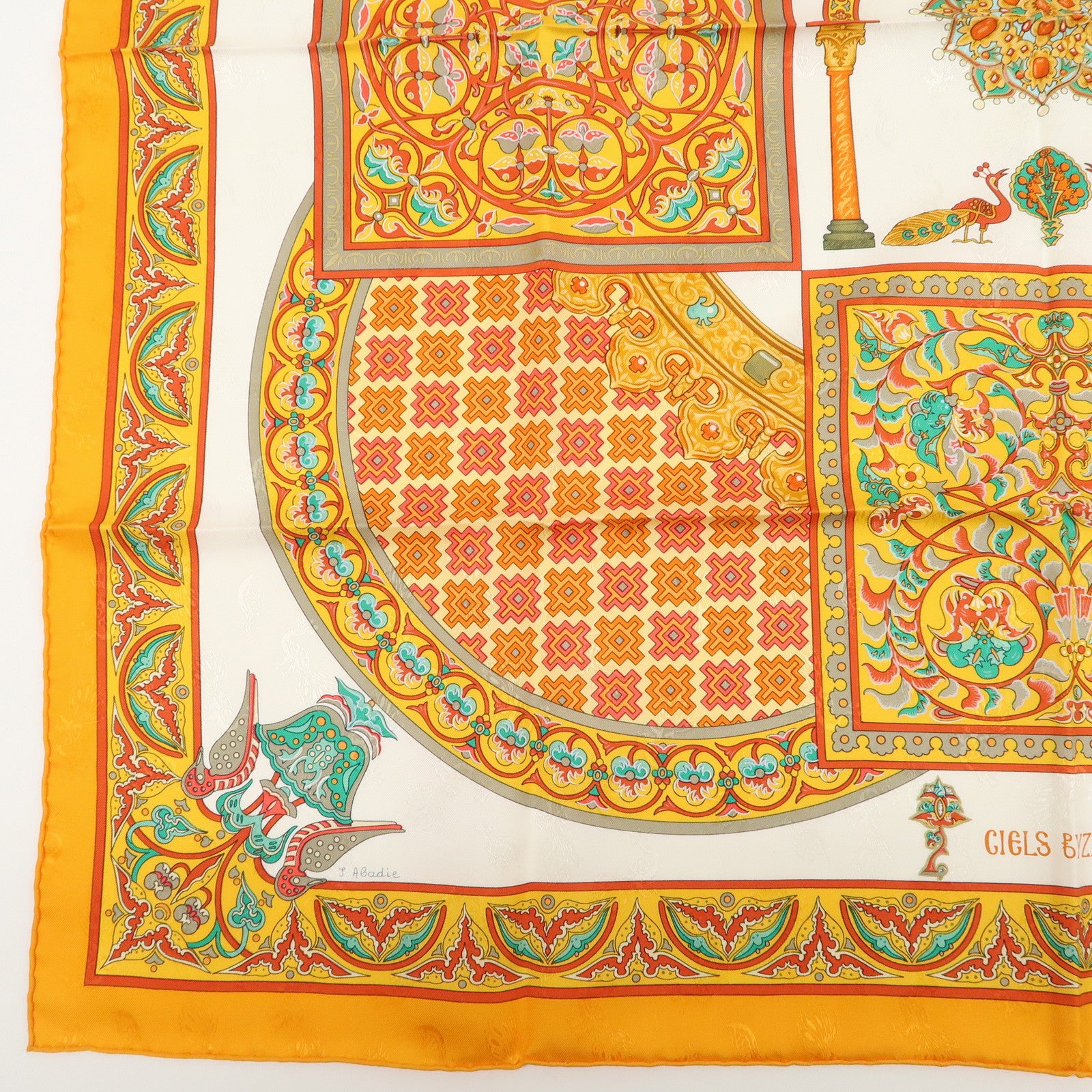 HERMES Carre 90 Silk 100% Scarf CIELS BYZANTINS Orange White