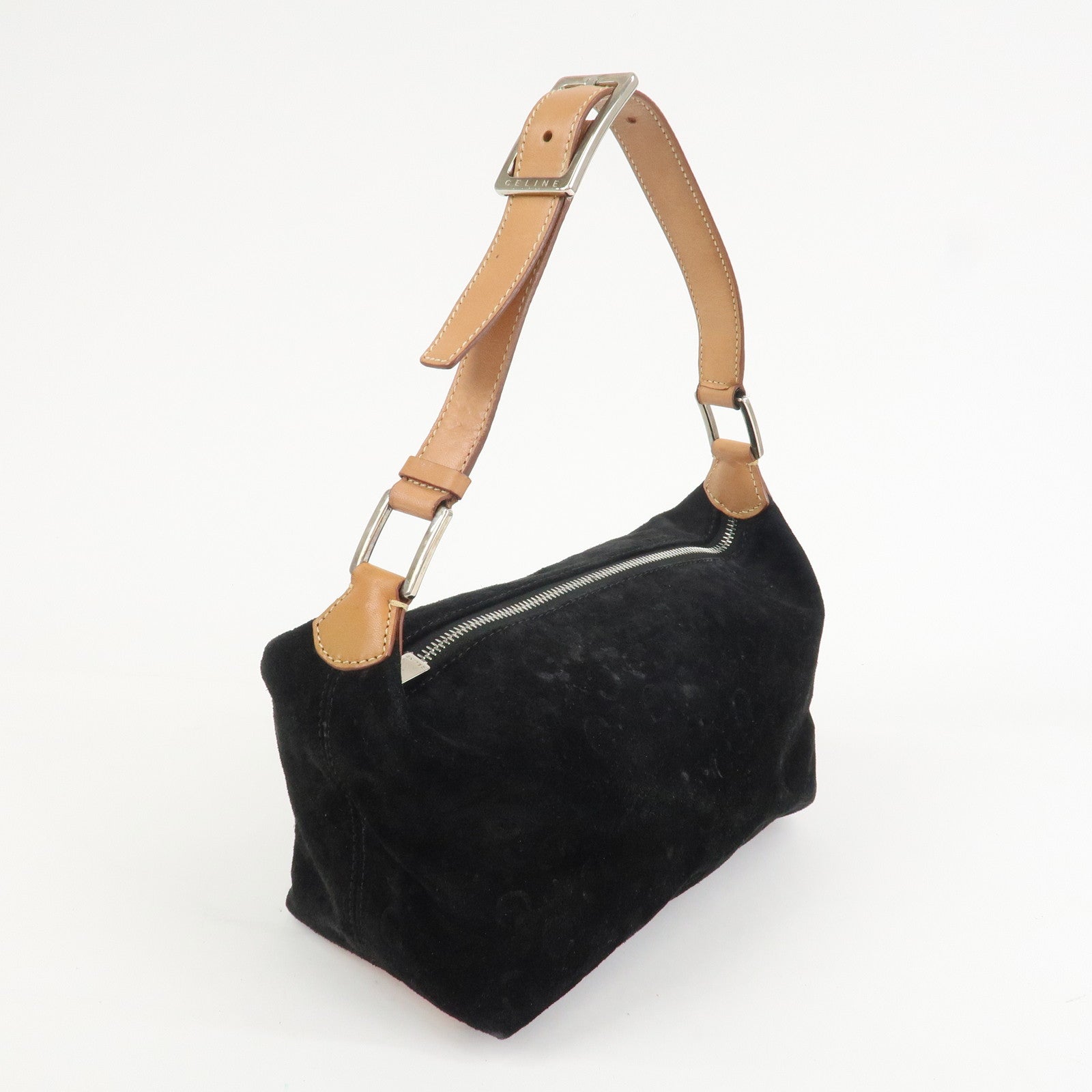 CELINE C Macadam Leather Suede Shoulder Bag Hand Bag Black Brown