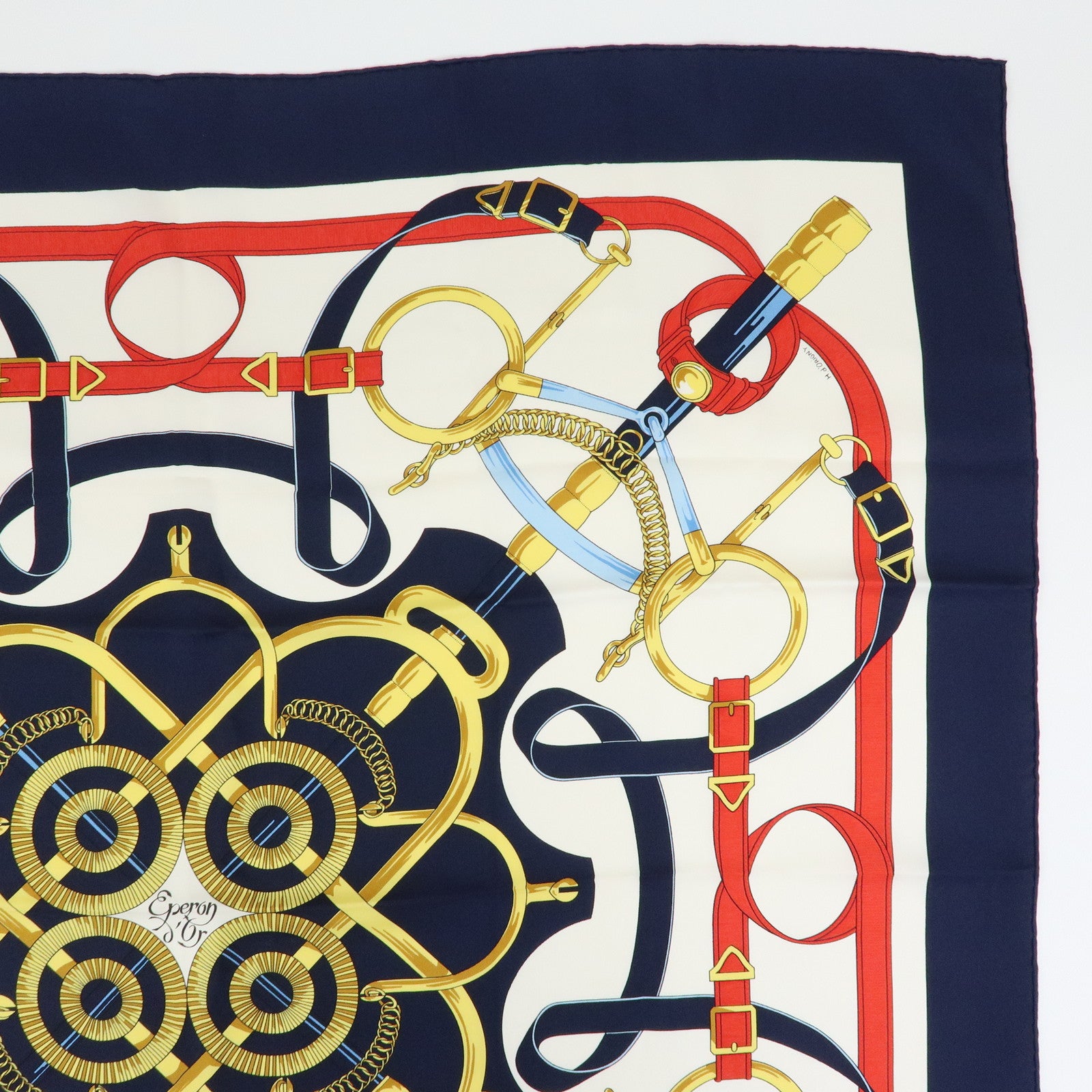 HERMES Carre 90 Silk 100% Scarf Eperon d'or Navy Ivory Red Gold
