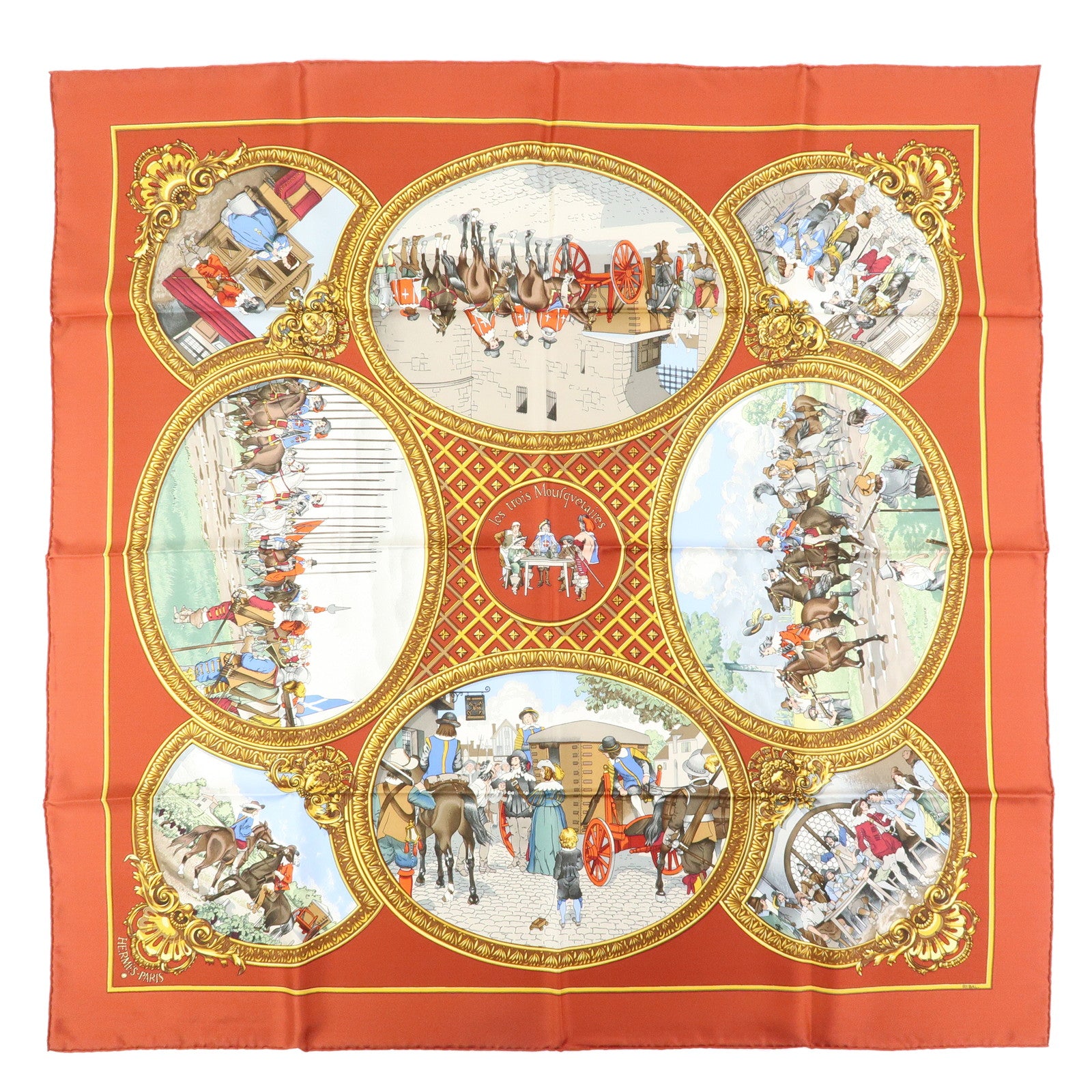 HERMES Carre 90 Silk 100% Scarf Les Trois Mousquetaires Brown Gold