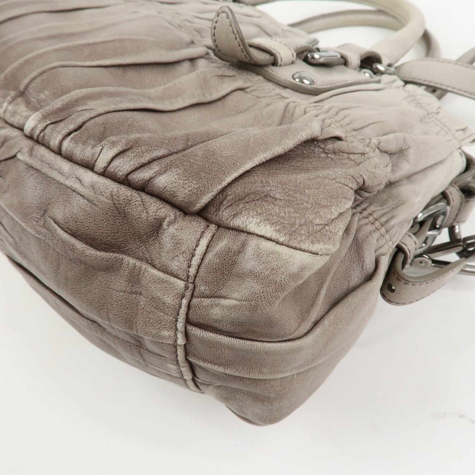 PRADA Leather Gathered 2Way Bag Hand Bag Shoulder Bag Gray BN1407
