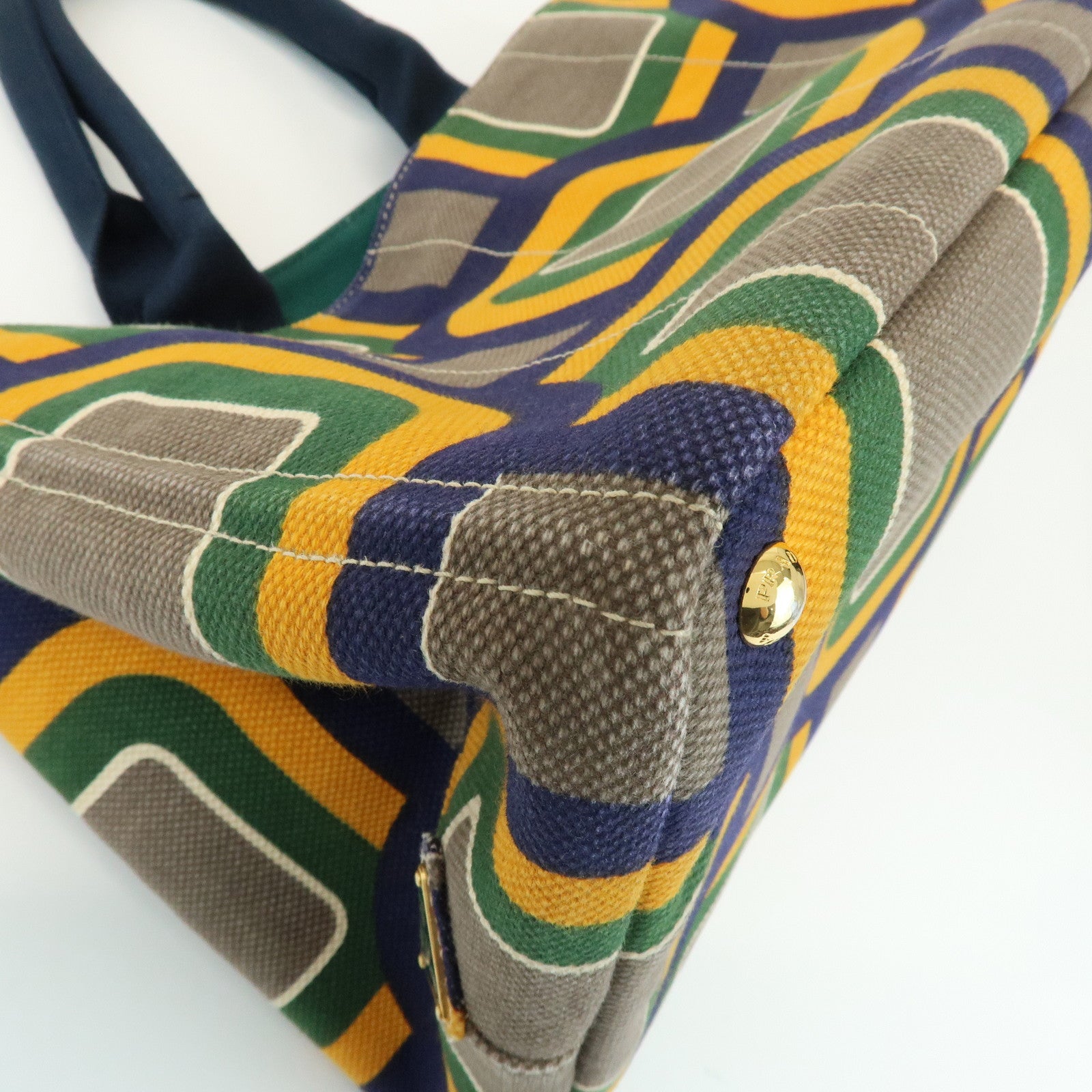 PRADA Canapa Large Tote Bag Hand Bag Green Yellow Navy BN1872