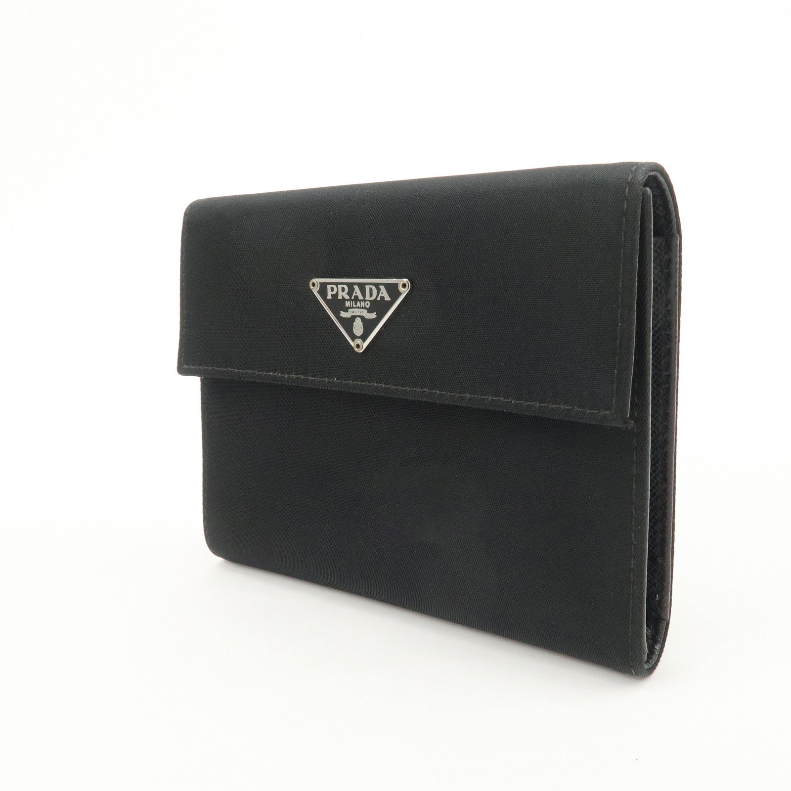 PRADA Triangle Logo Nylon Leather Tri-fold Compact Wallet Black
