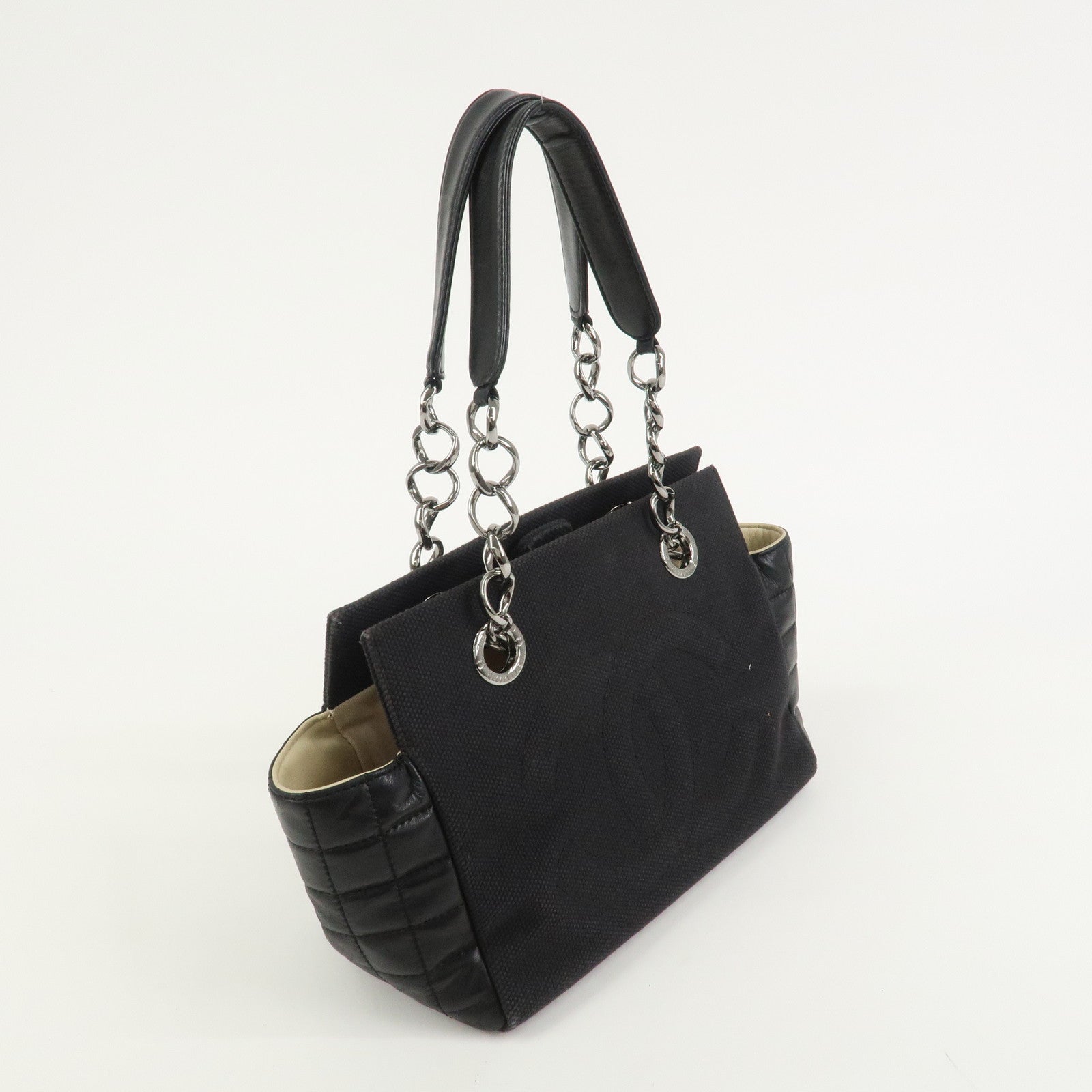 CHANEL Chocolate Bar Lamb Skin Canvas Shoulder Bag Hand Bag Black