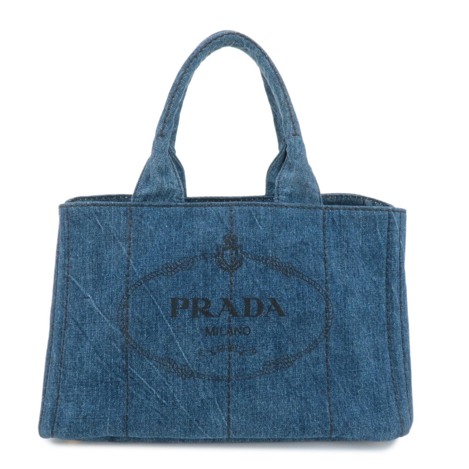 PRADA Triangle Logo Canapa Canvas Denim Hand Bag Navy B1877B Used