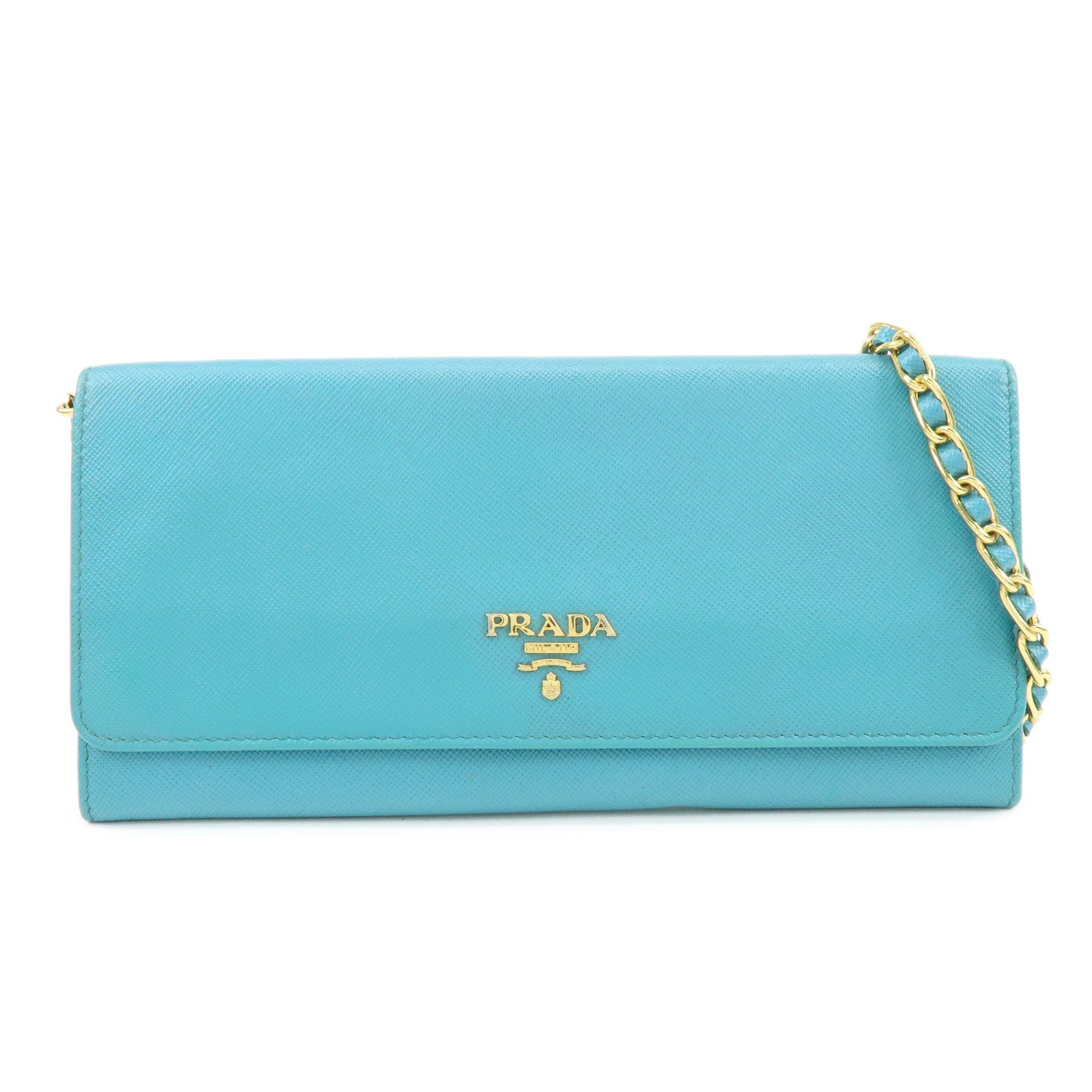 PRADA Saffiano Leather Chain Wallet Shoulder Bag Blue 1M1290