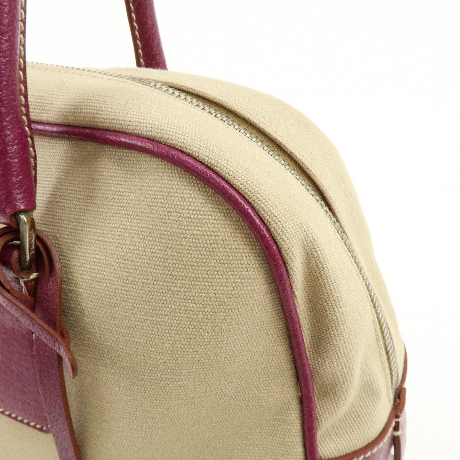 PRADA Triangle Logo Canvas Leather Bowling Bag Natural Purple