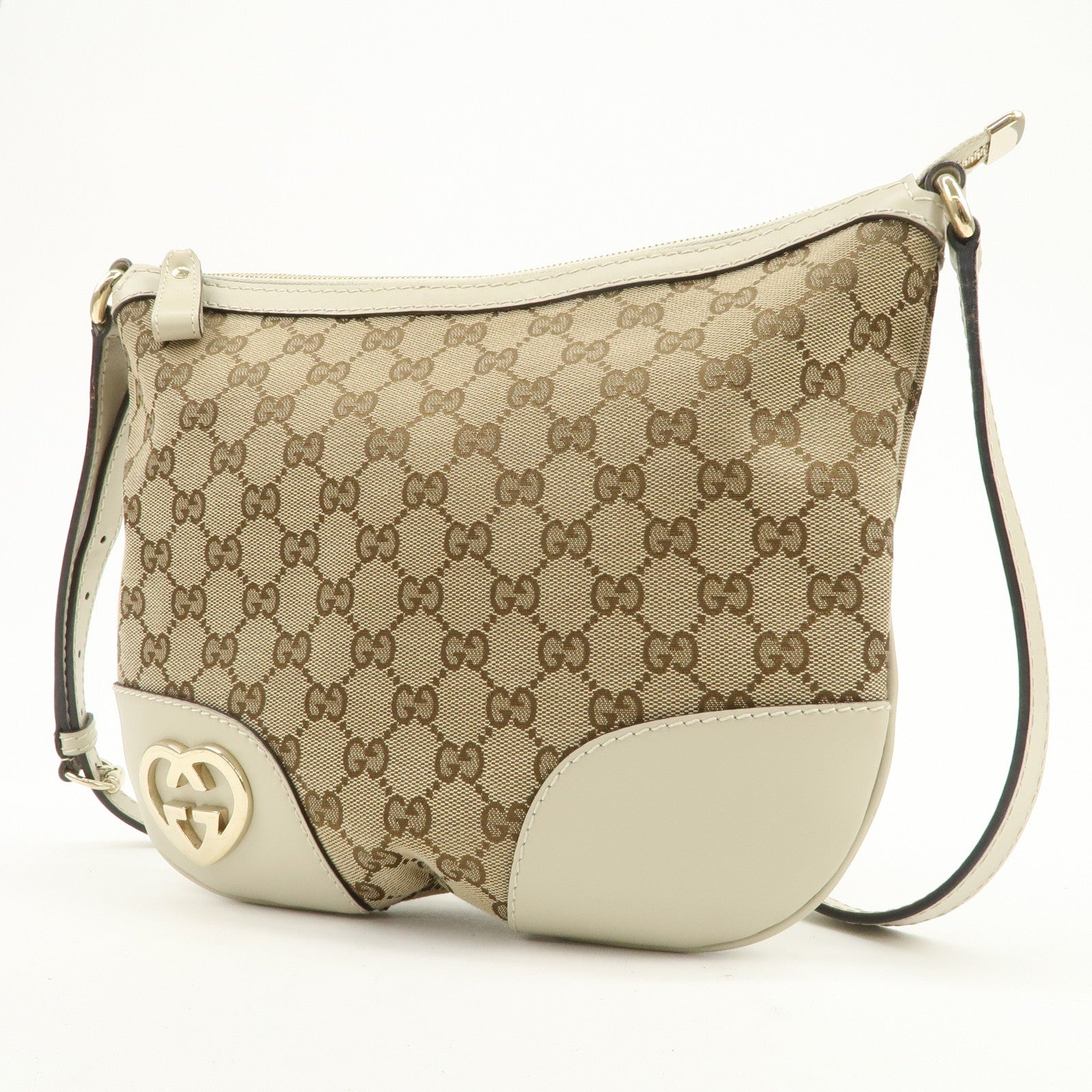 GUCCI Lovely Heart GG Canvas Leather Shoulder Bag Ivory 257072
