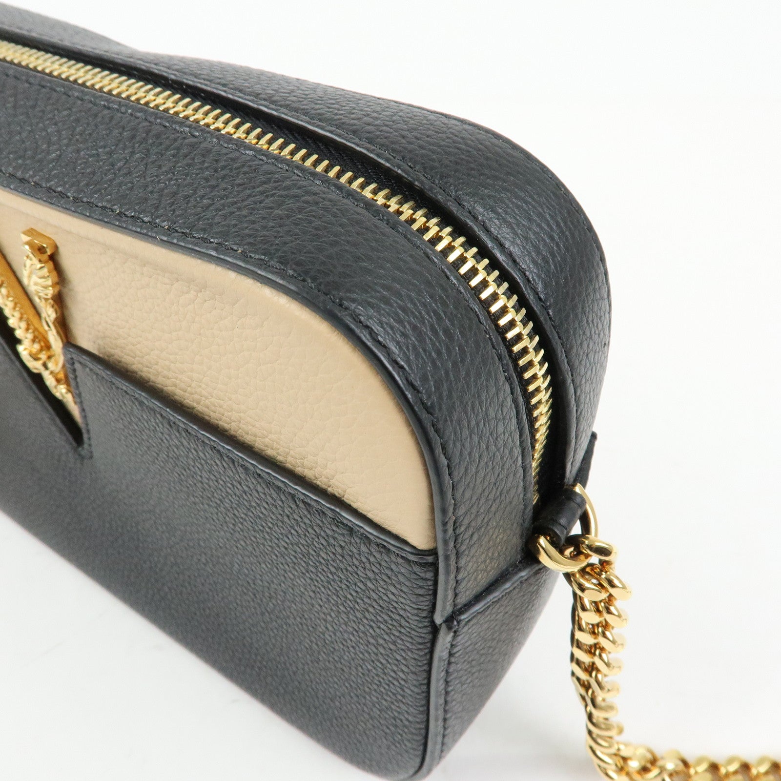 VERSACE Virtus Leather Shoulder Crossbody Bag Black Beige
