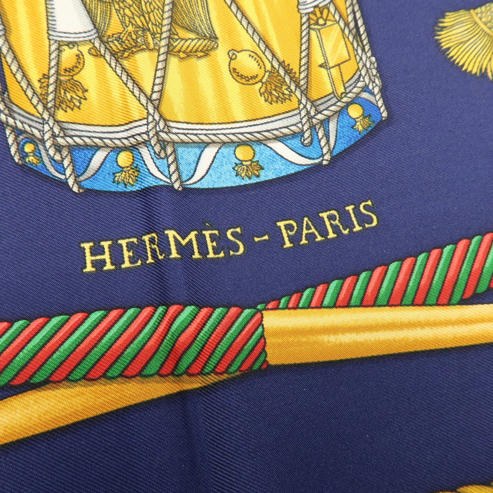 HERMES Carre 90 Silk 100% Scarf LES TAMBOURS Navy Gold