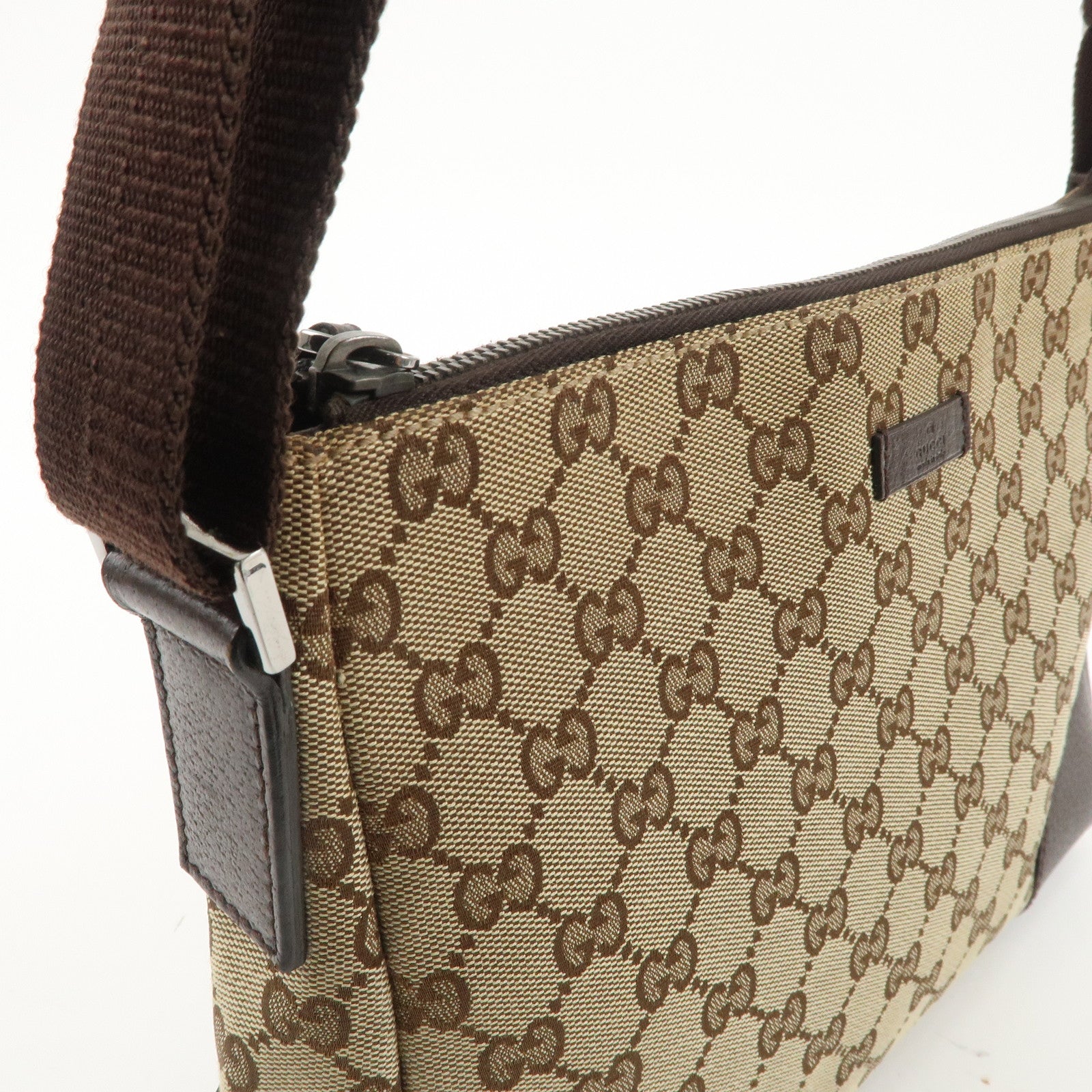 GUCCI GG Canvas Leather Shoulder Bag Beige Brown 114273 Used