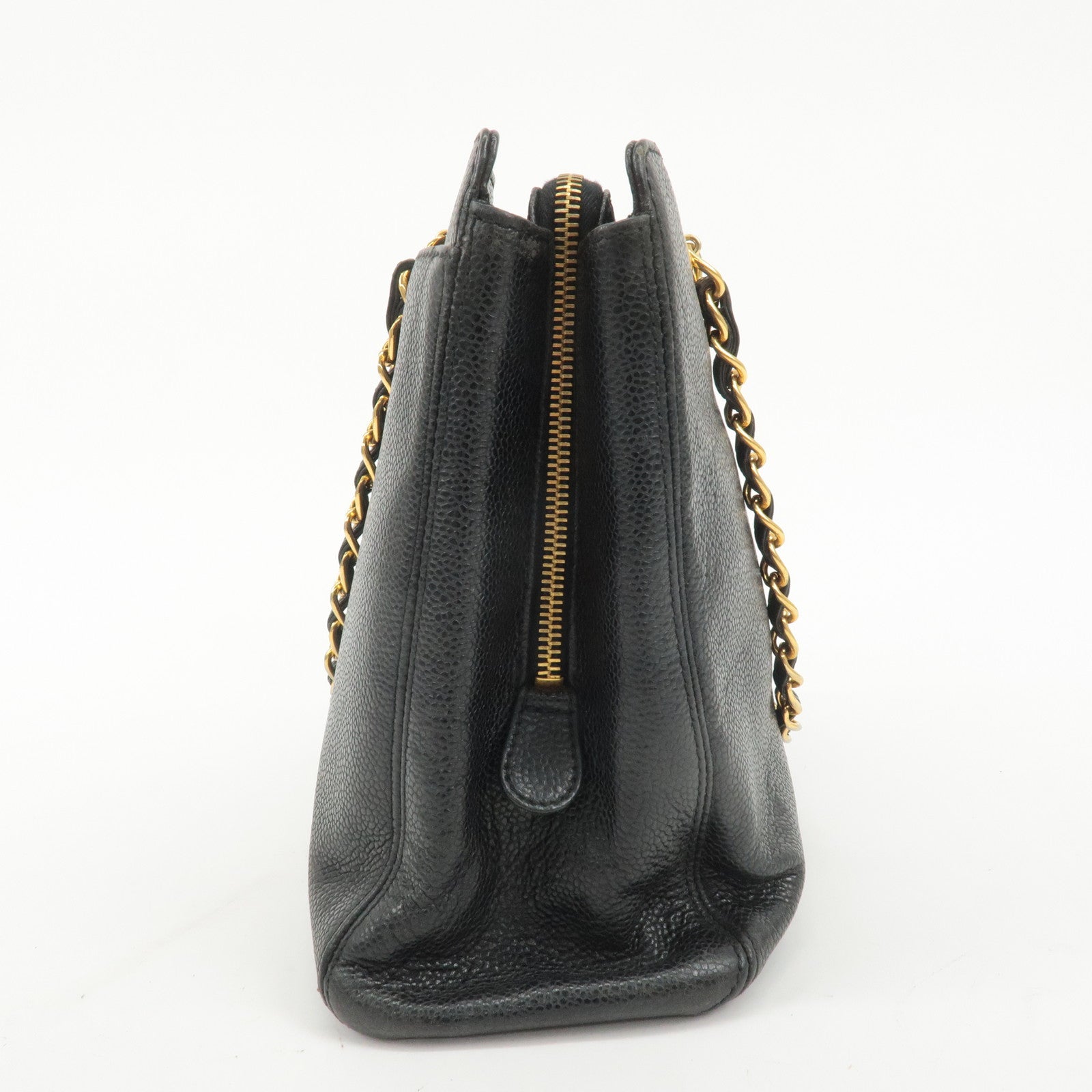 CHANEL Caviar Skin Chain Tote Bag Black Gold Used