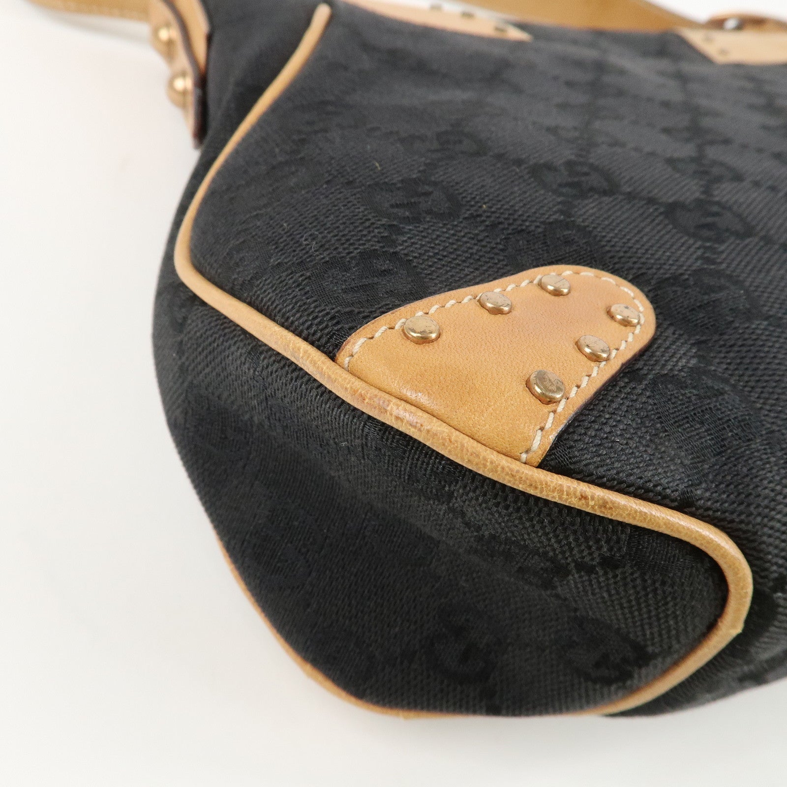 GUCCI Horsebit GG Canvas Leather Studs Shoulder Bag Black 114915 Used