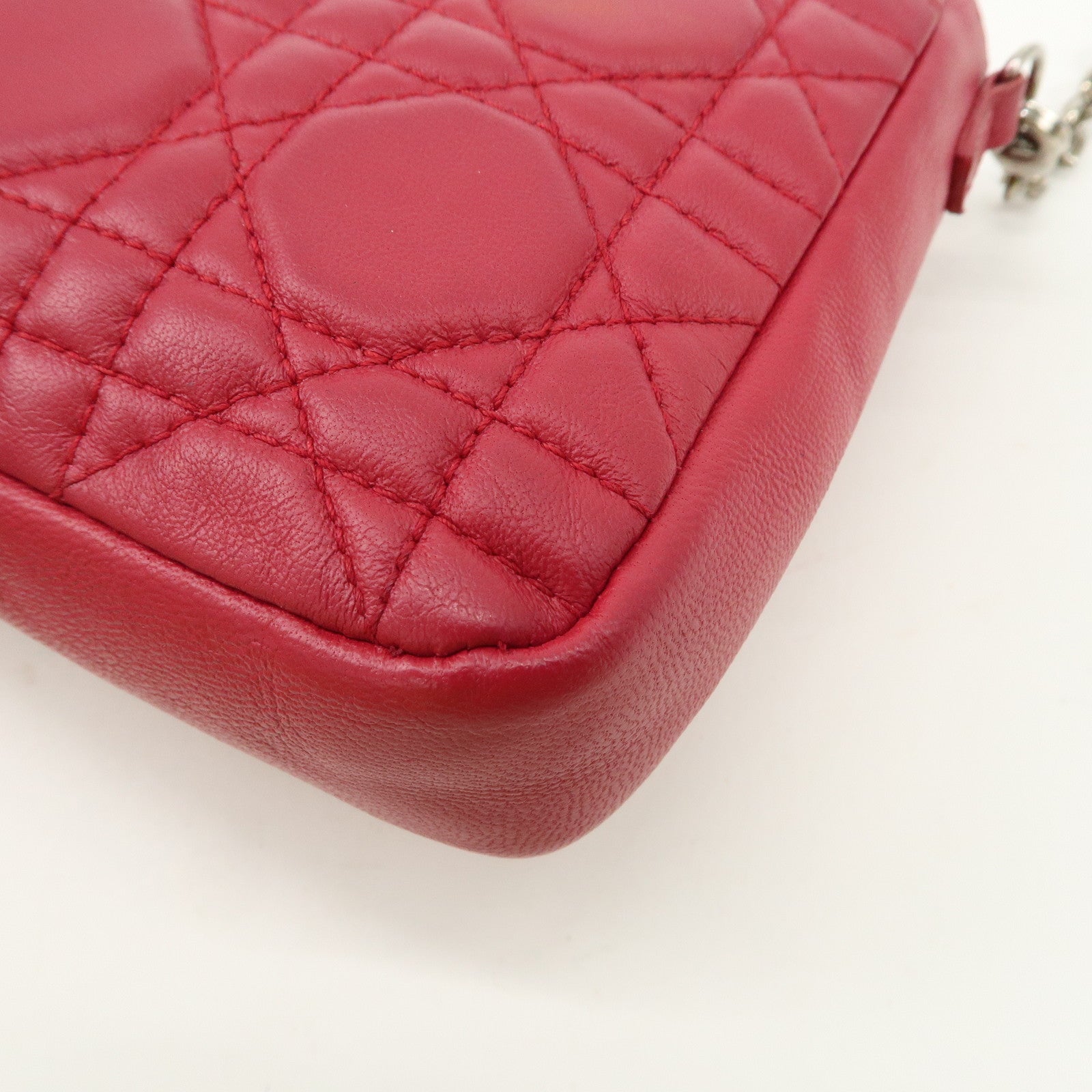 Christian Dior Cannage Leather Chain Shoulder Bag Red Used