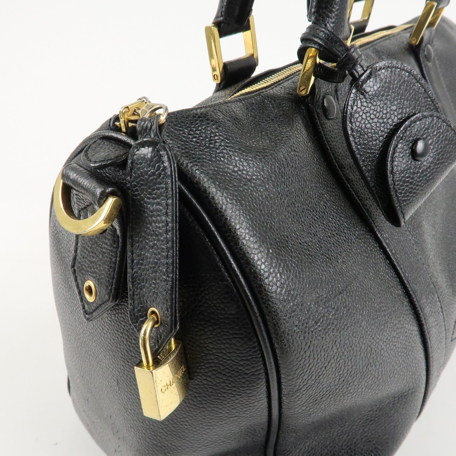 CHANEL Caviar Skin 2Way Boston Bag Hand Bag Black Used