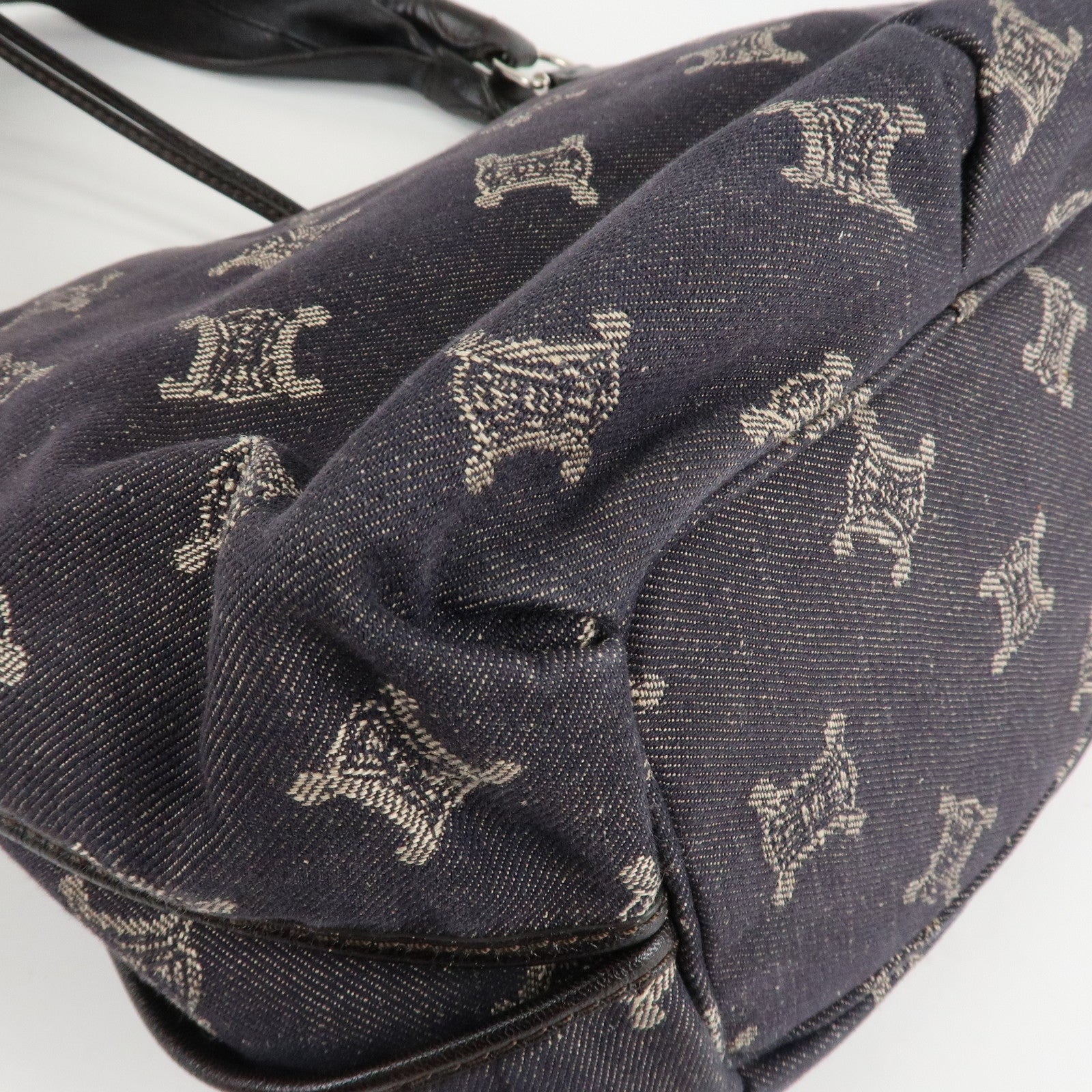 CELINE Macadam Denim Leather Bitter Sweet Shoulder Bag Navy Brown Used