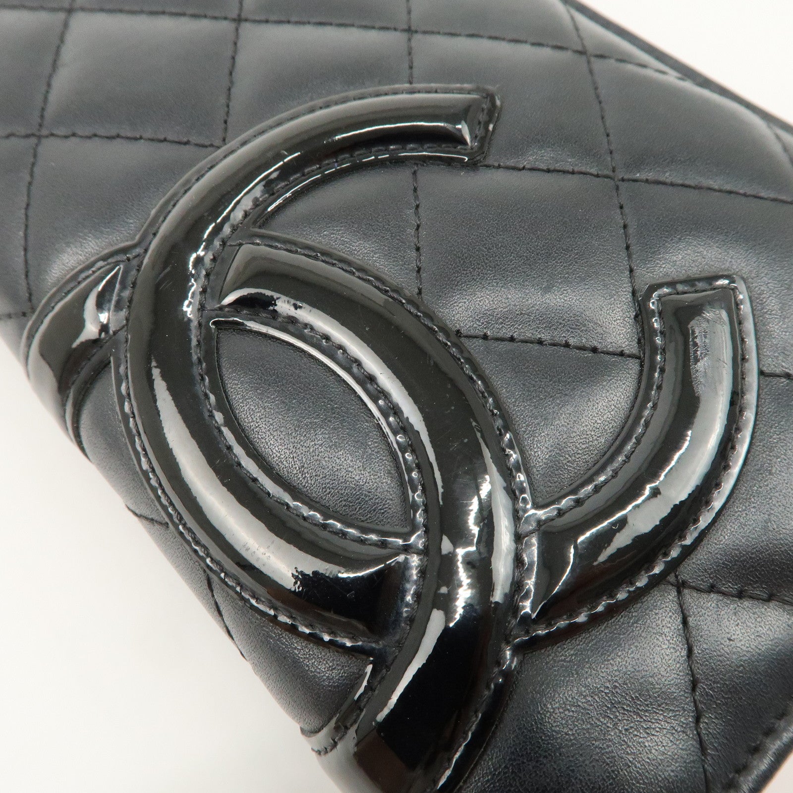 CHANEL Cambon Line Patent Leather Bi-fold Wallet Black A26717 Used