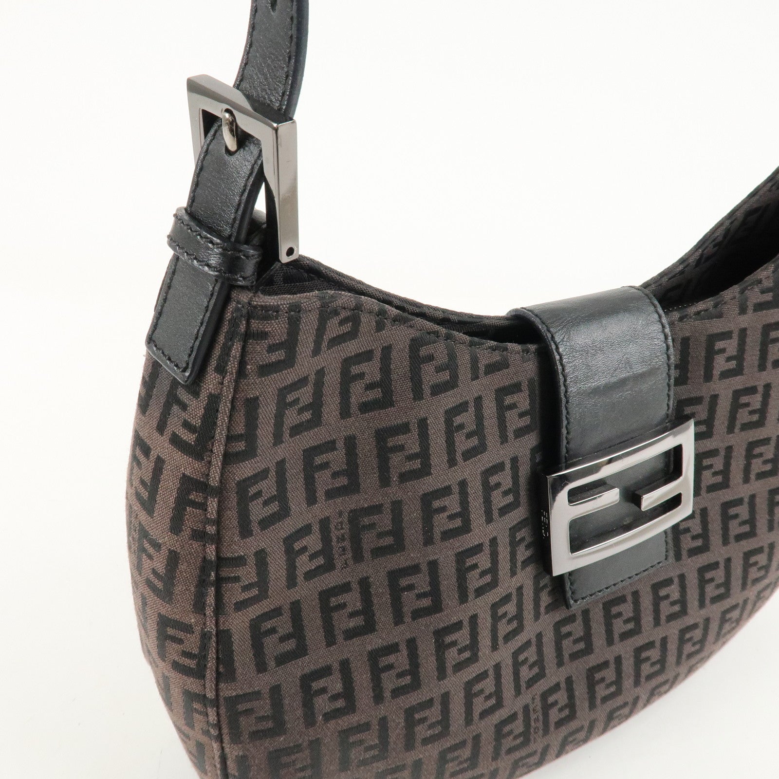 FENDI Zucchino Canvas Leather Shoulder Bag Brown Black 8BR036 Used
