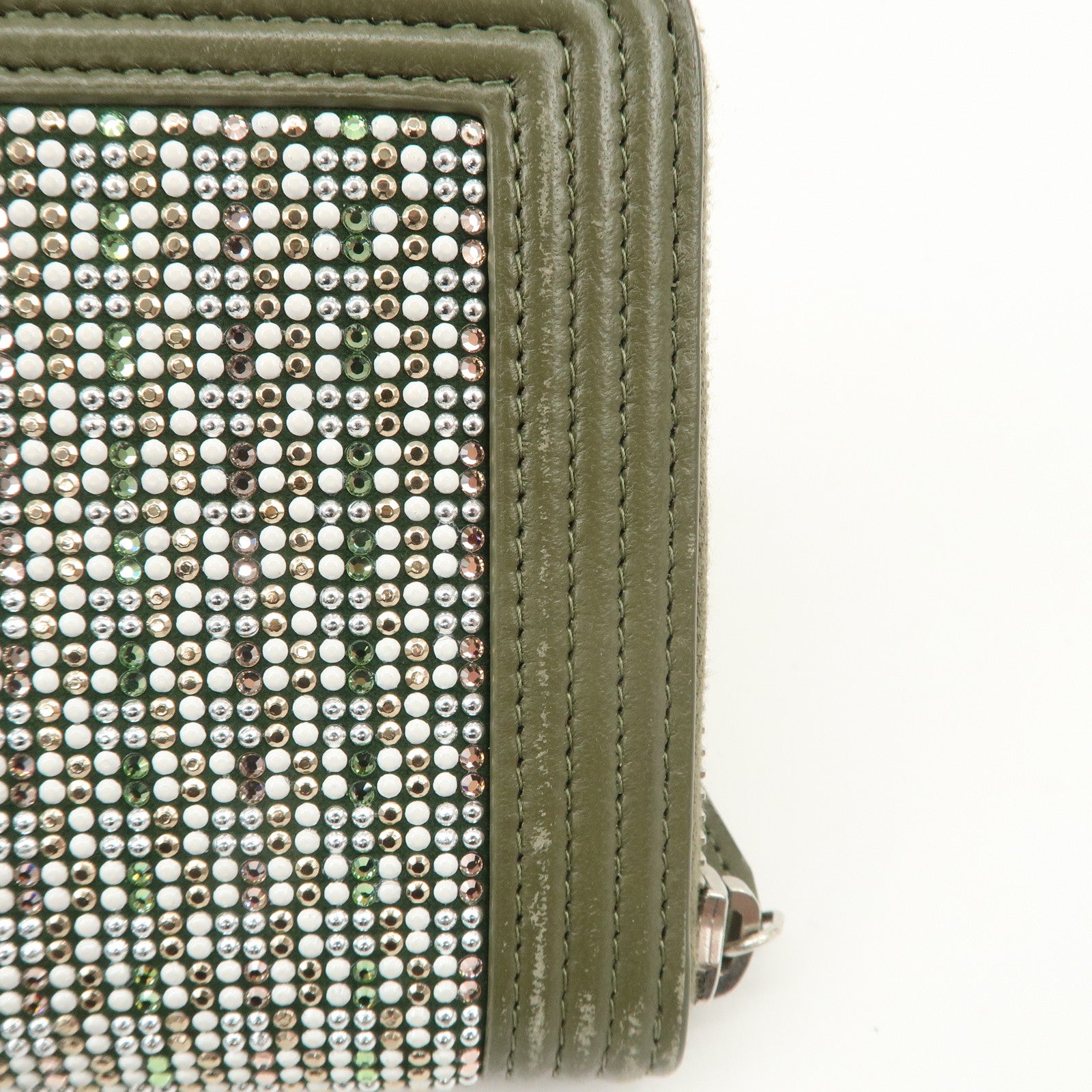 CHANEL Boy Chanel Rhine Stone Leather Round Zipper Long Wallet Used