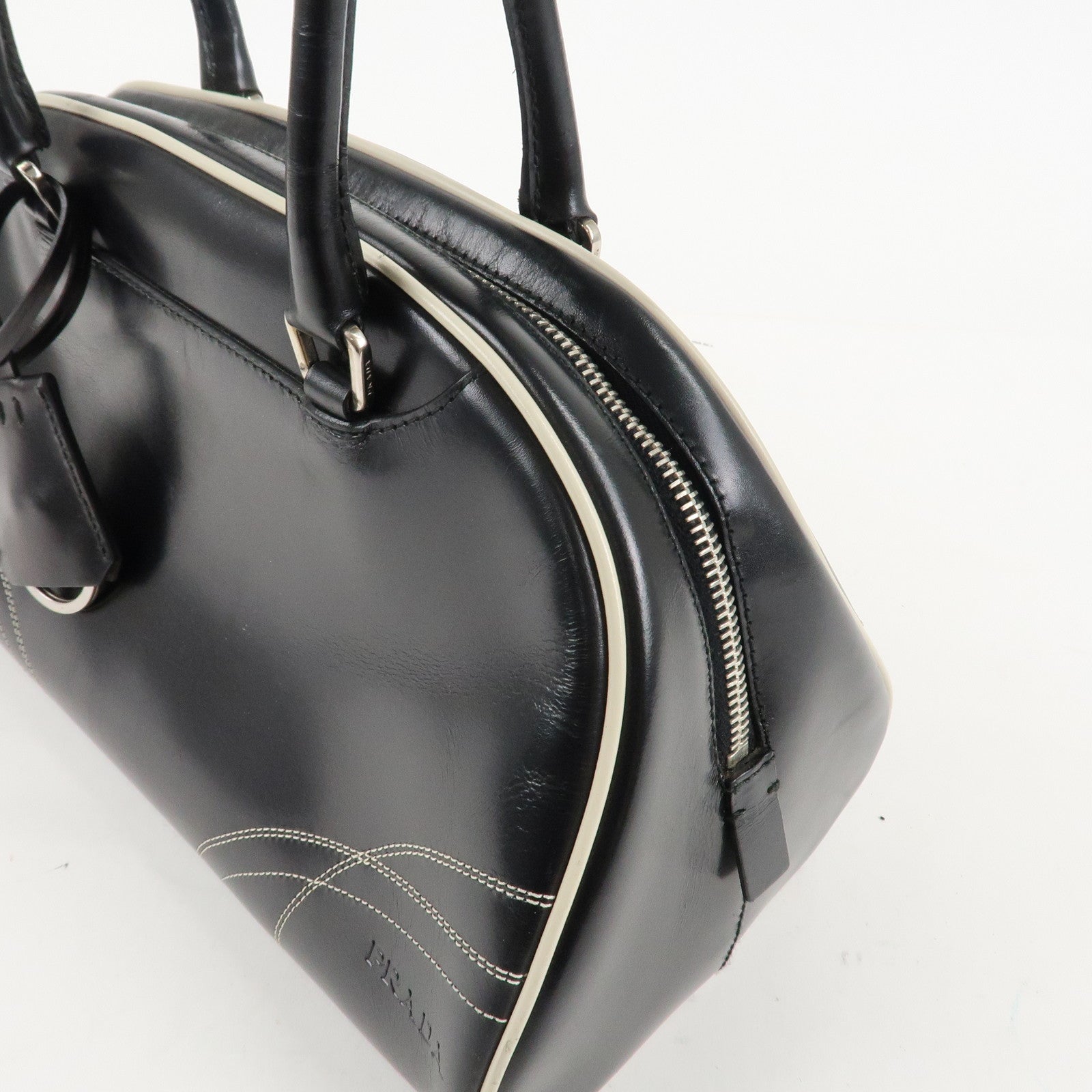 PRADA Leather Mini Boston Bag Shoulder Bag Black Silver HDW Used