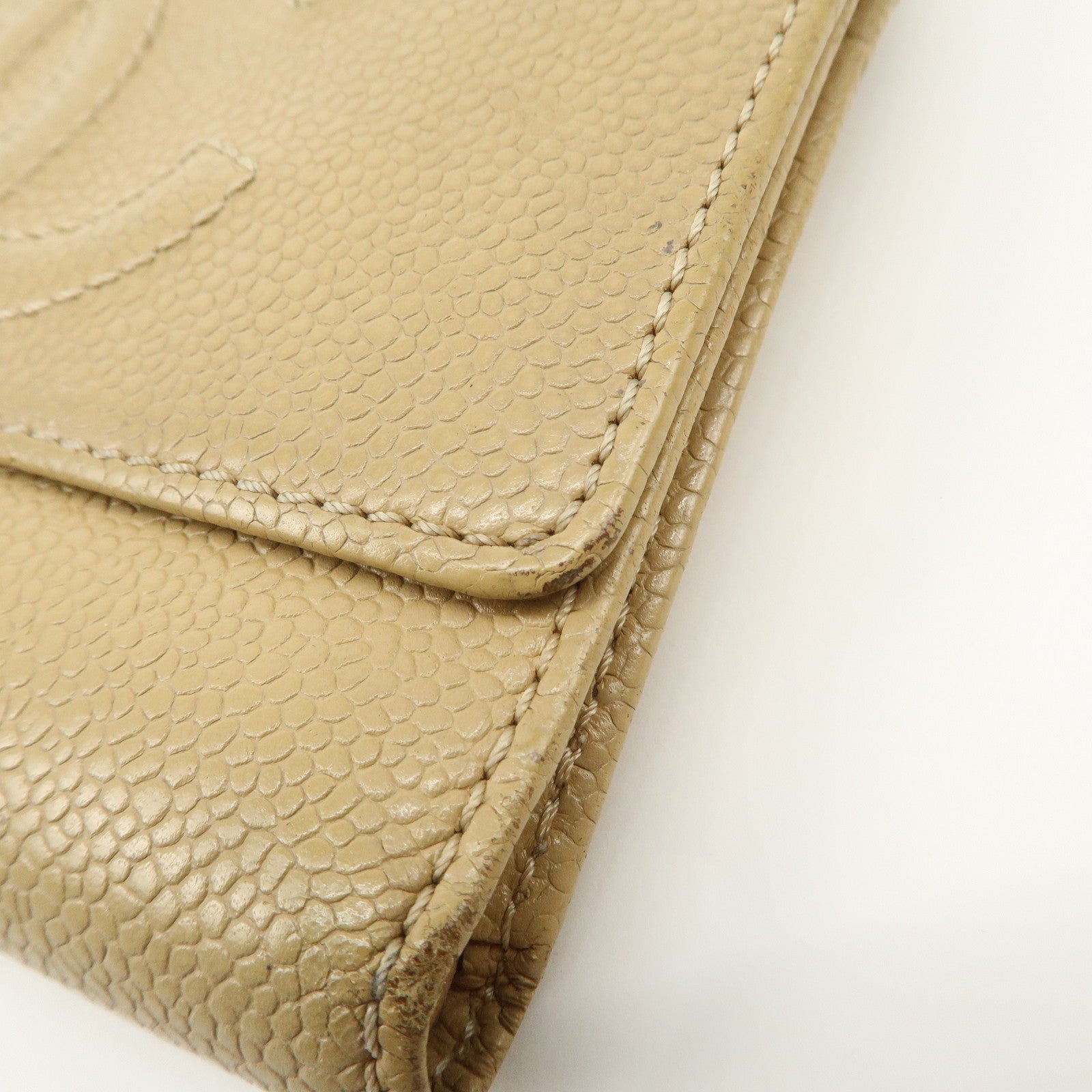 CHANEL Caviar Skin COCO Mark Tri-Fold Wallet Beige Gold Used