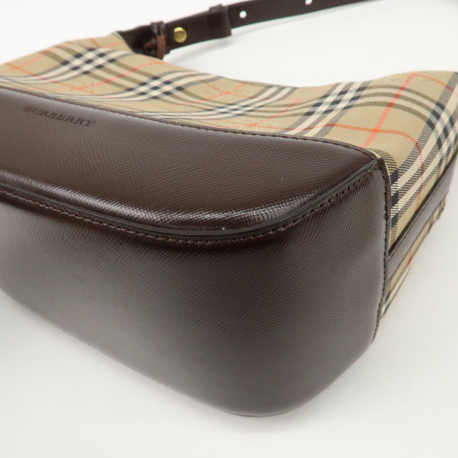 BURBERRY Nylon Leather Nova Plaid Shoulder Hand Bag Beige Black Used