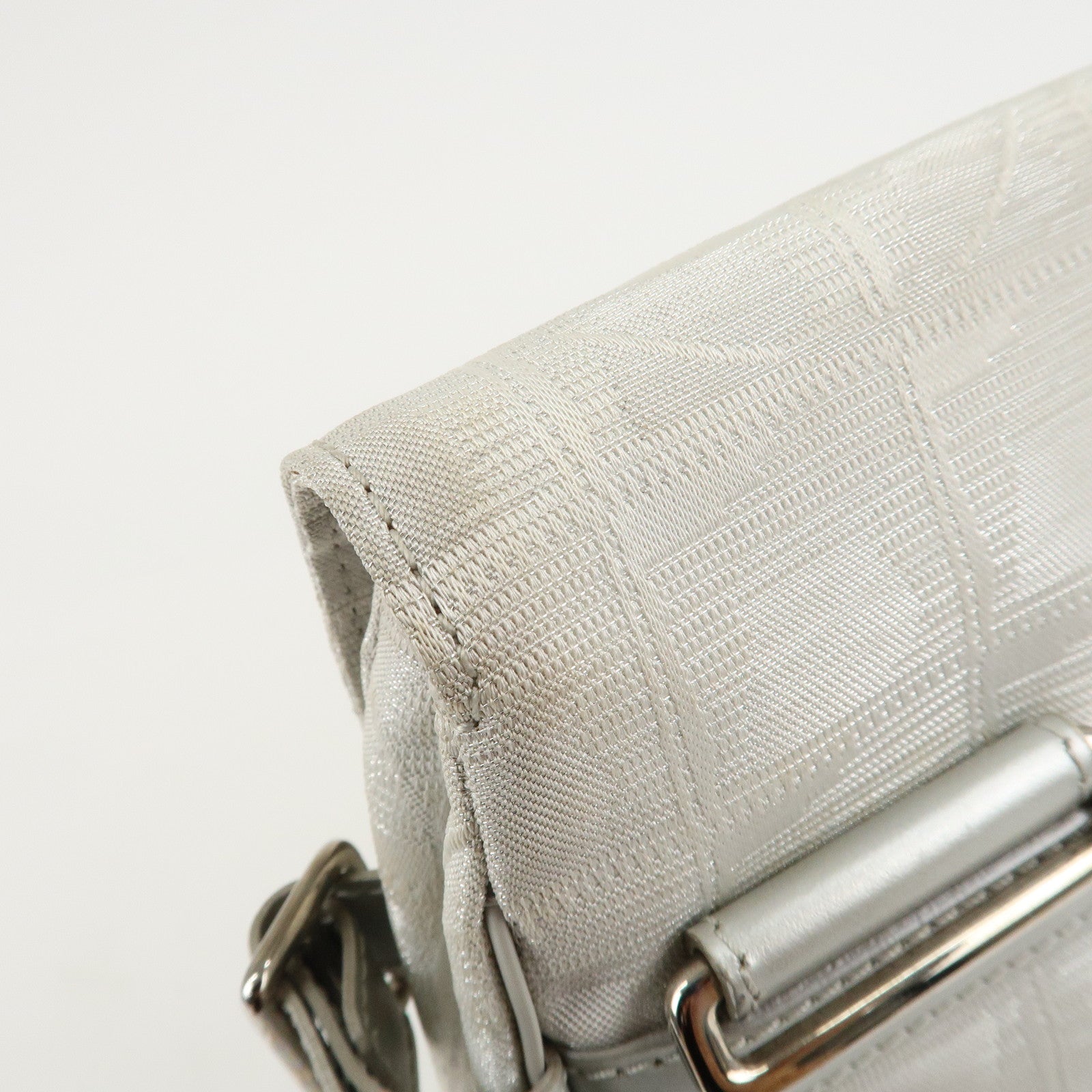 CHANEL New Travel Line Nylon Jacquard Shoulder Bag Silver A29347 Used